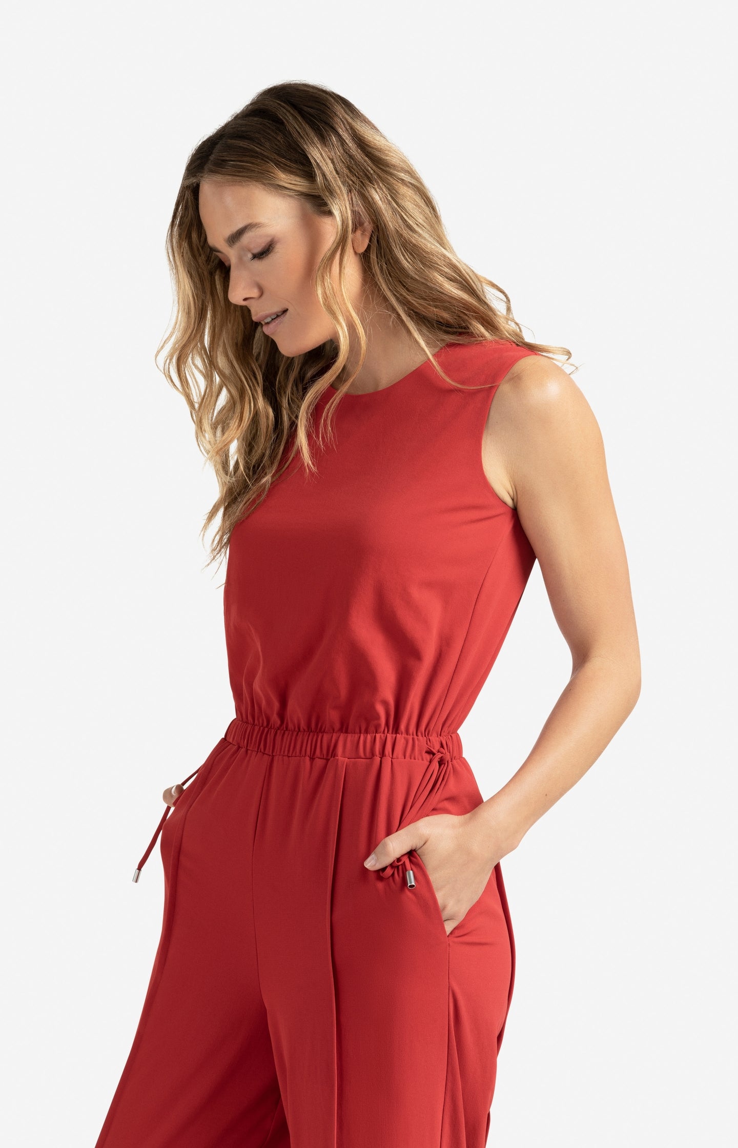 Sleeveless woven jumpsuit with cord detail