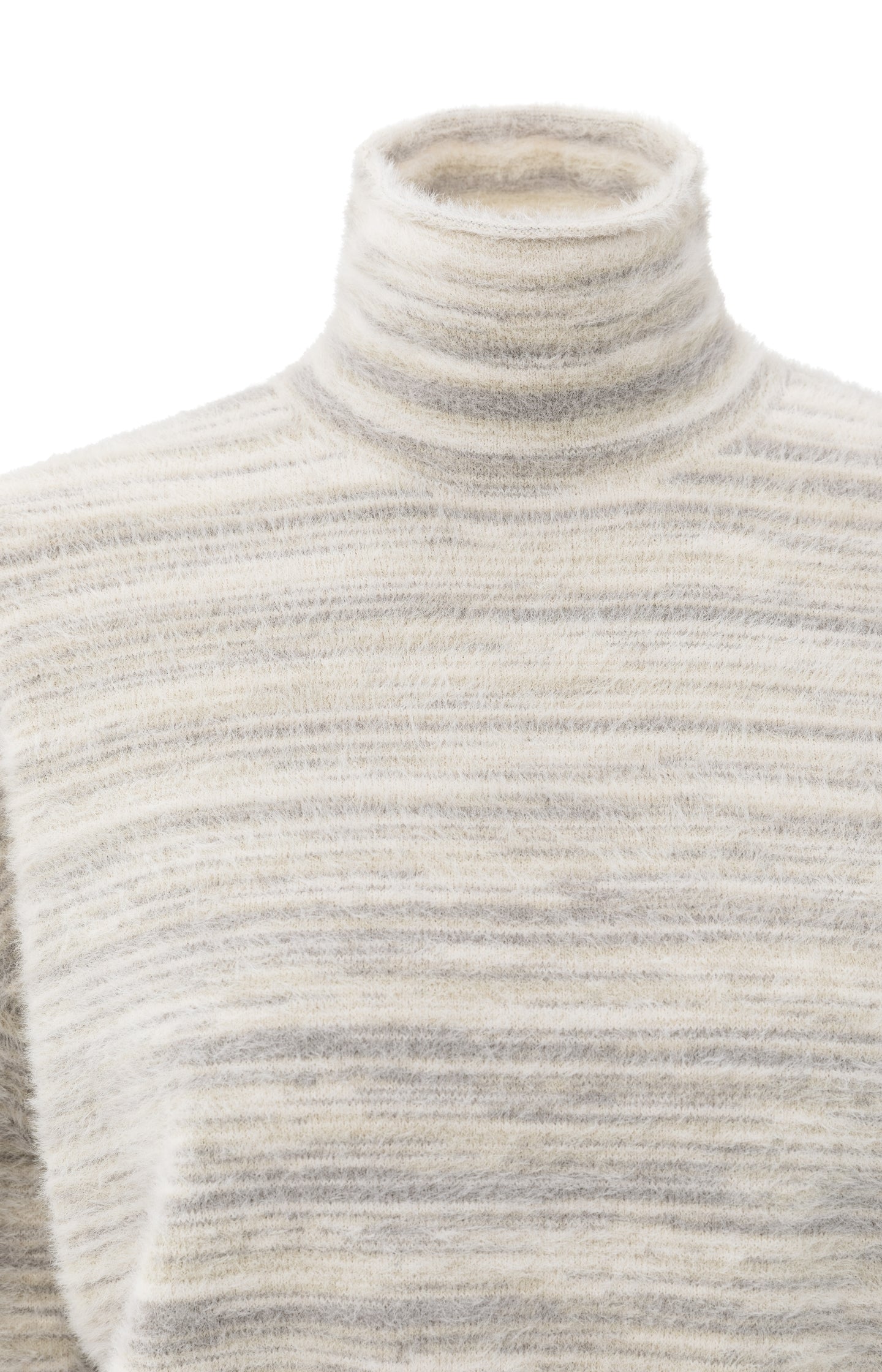 Soft fluffy sweater with turtleneck and subtle stripe mix