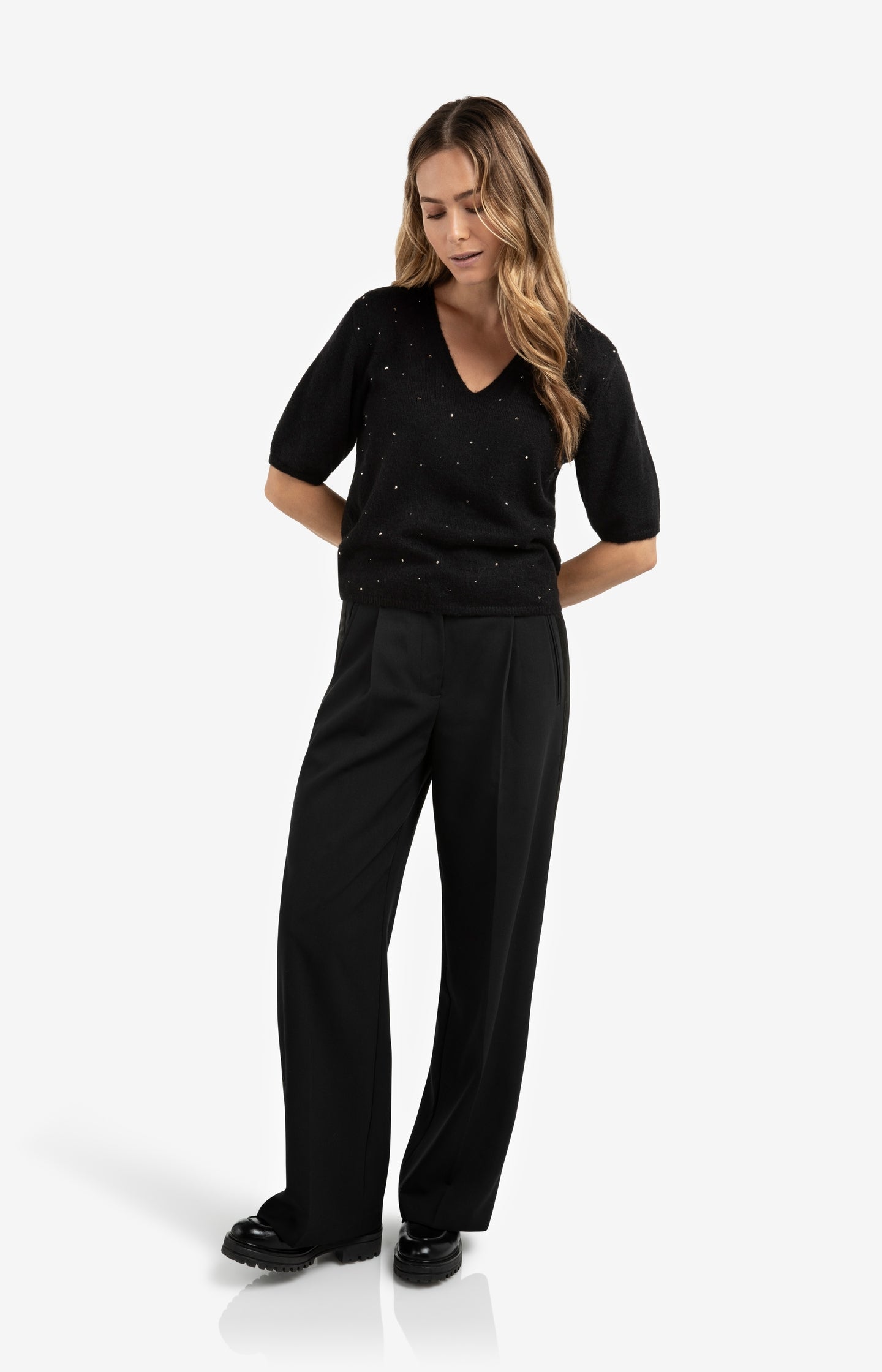 Soft V-neck sweater with rhinestone details - Type: lookbook