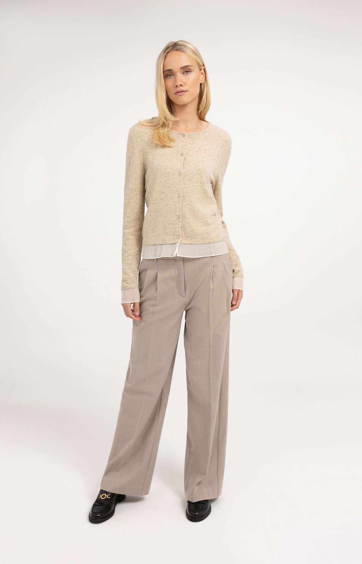 Weiche gewebte Hose mit weitem Bein - Beige Melange