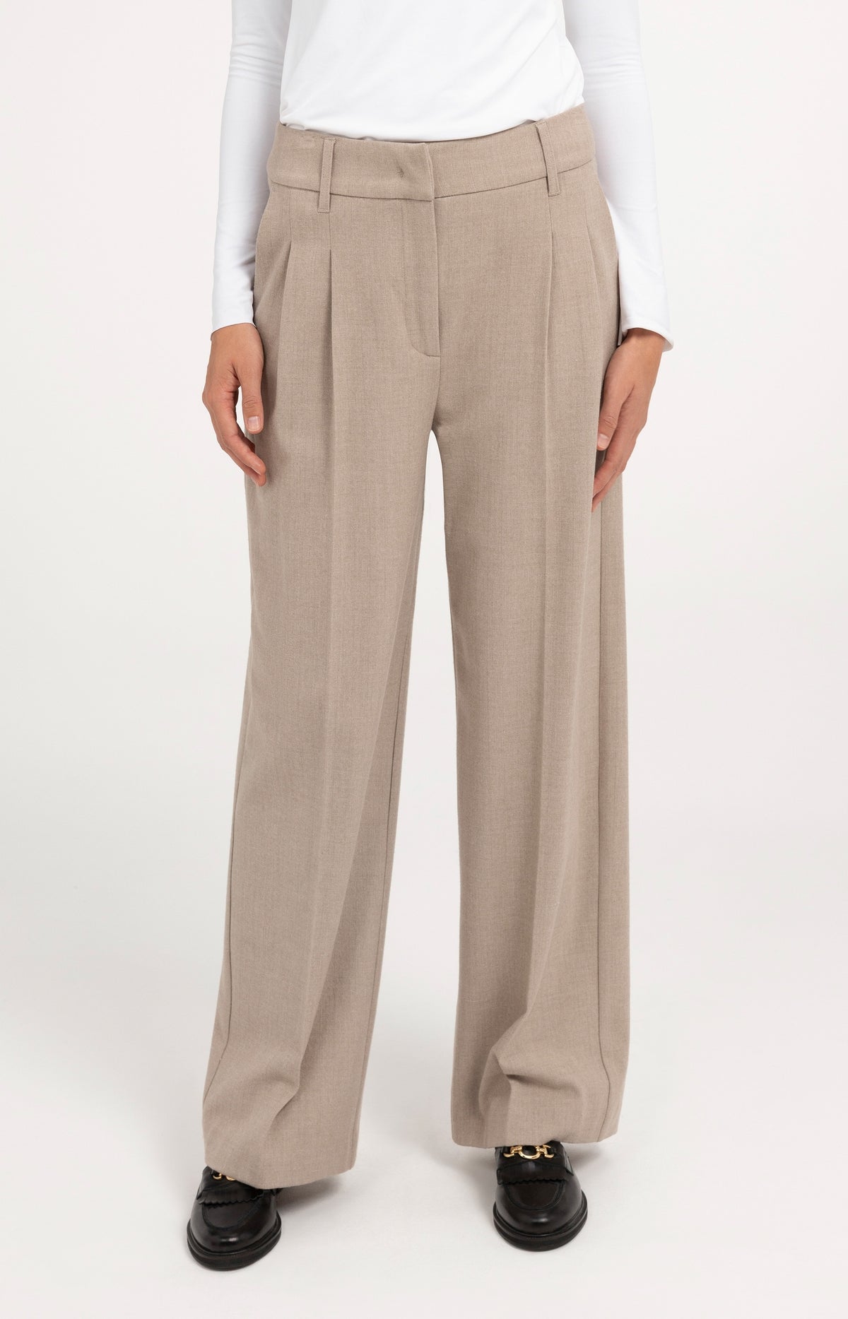 Zachte geweven pantalon met wijde pijpen - Beige Melange
