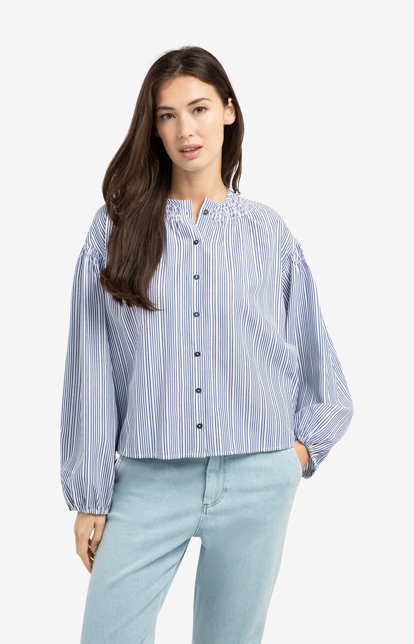 Striped blouse with shirred details at the shoulders