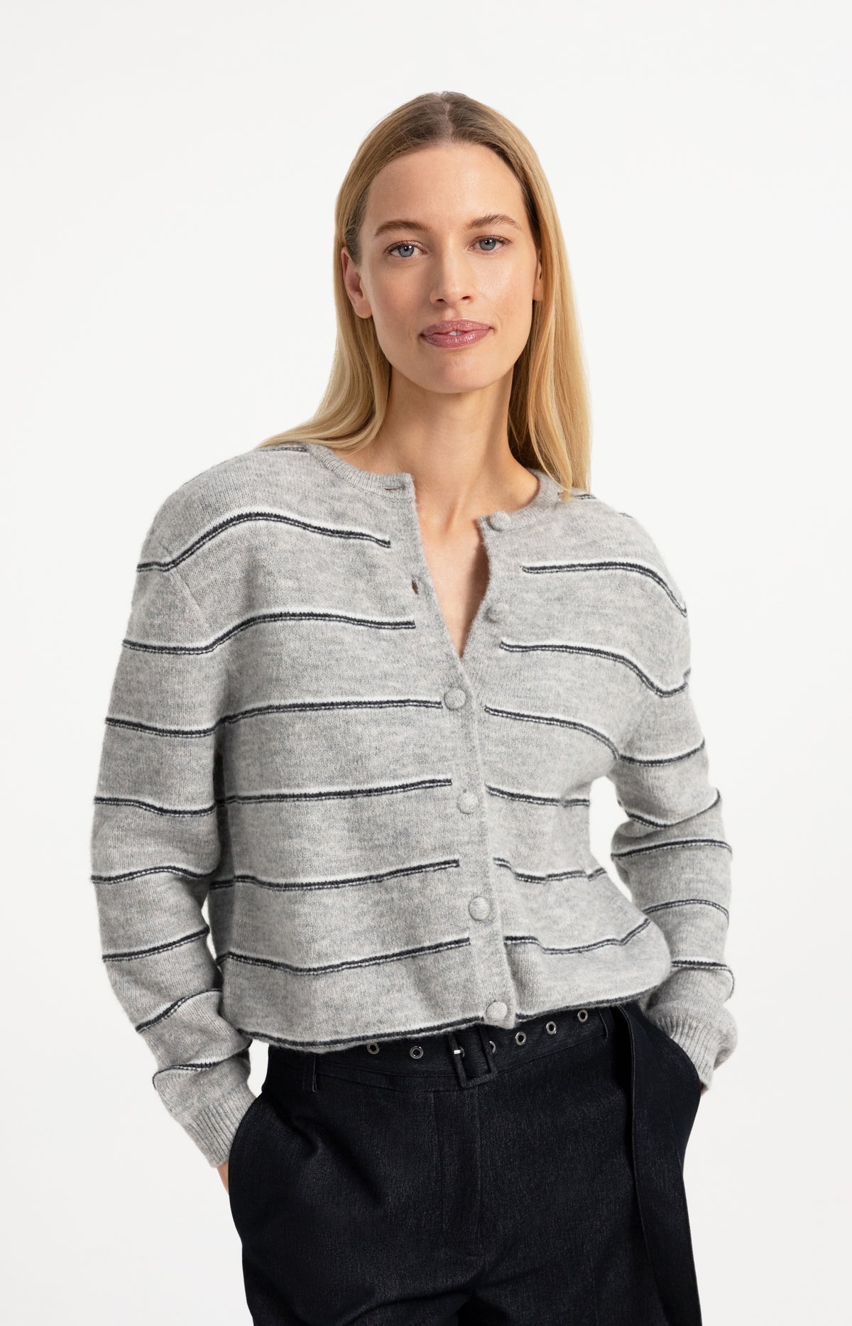 Striped knitted cardigan with tie detail