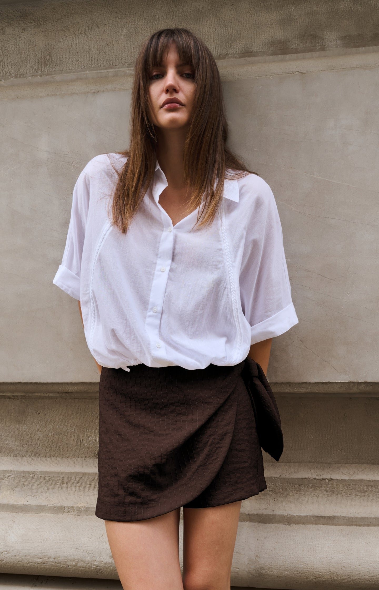 Striped skort with wrap-effect and tie detail