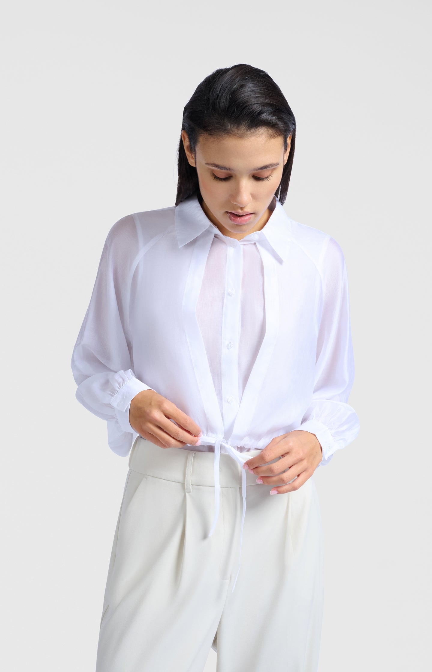 Subtle shiny blouse with double layer and sballoon sleeves - Type: lookbook