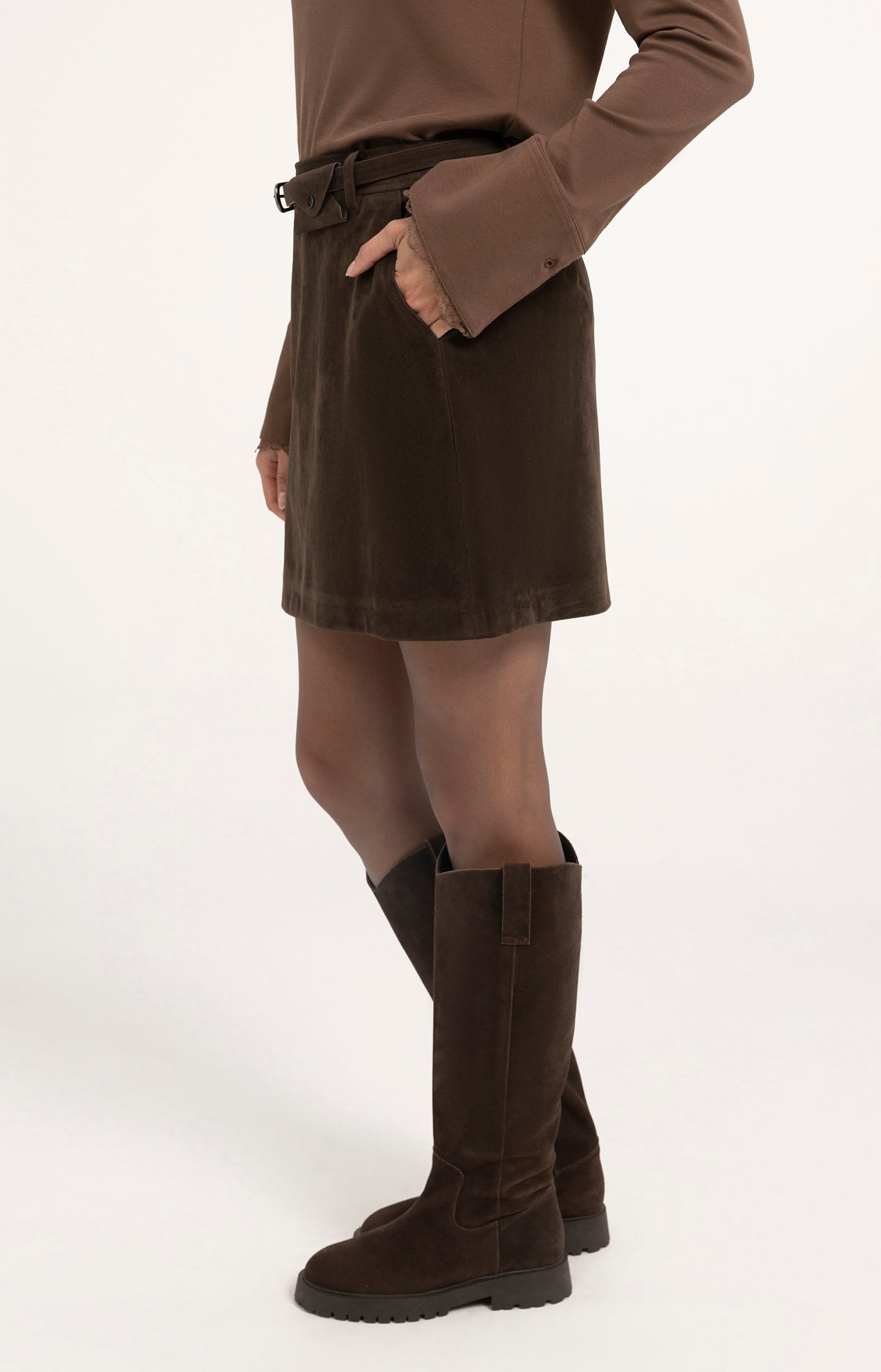 Suedine mini skirt with belt detail - Brown