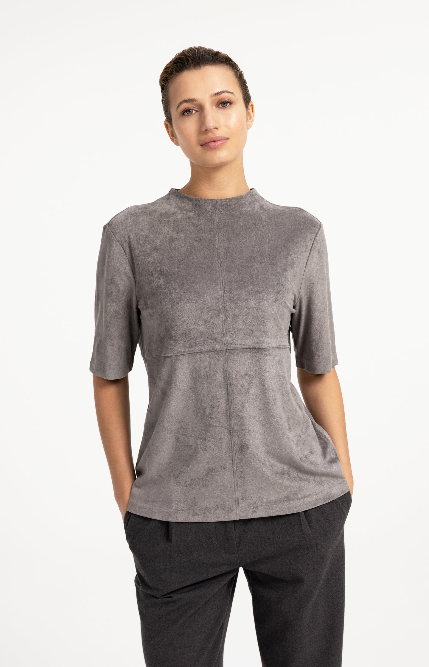 Suedine top with mid-length sleeves