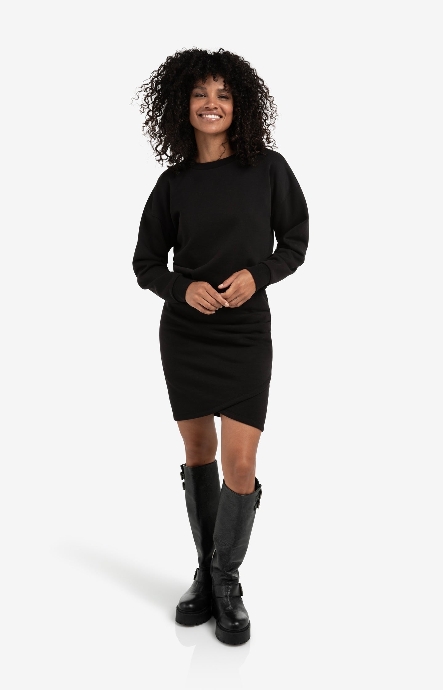 Sweat dress with pleat, buckle and round neck
