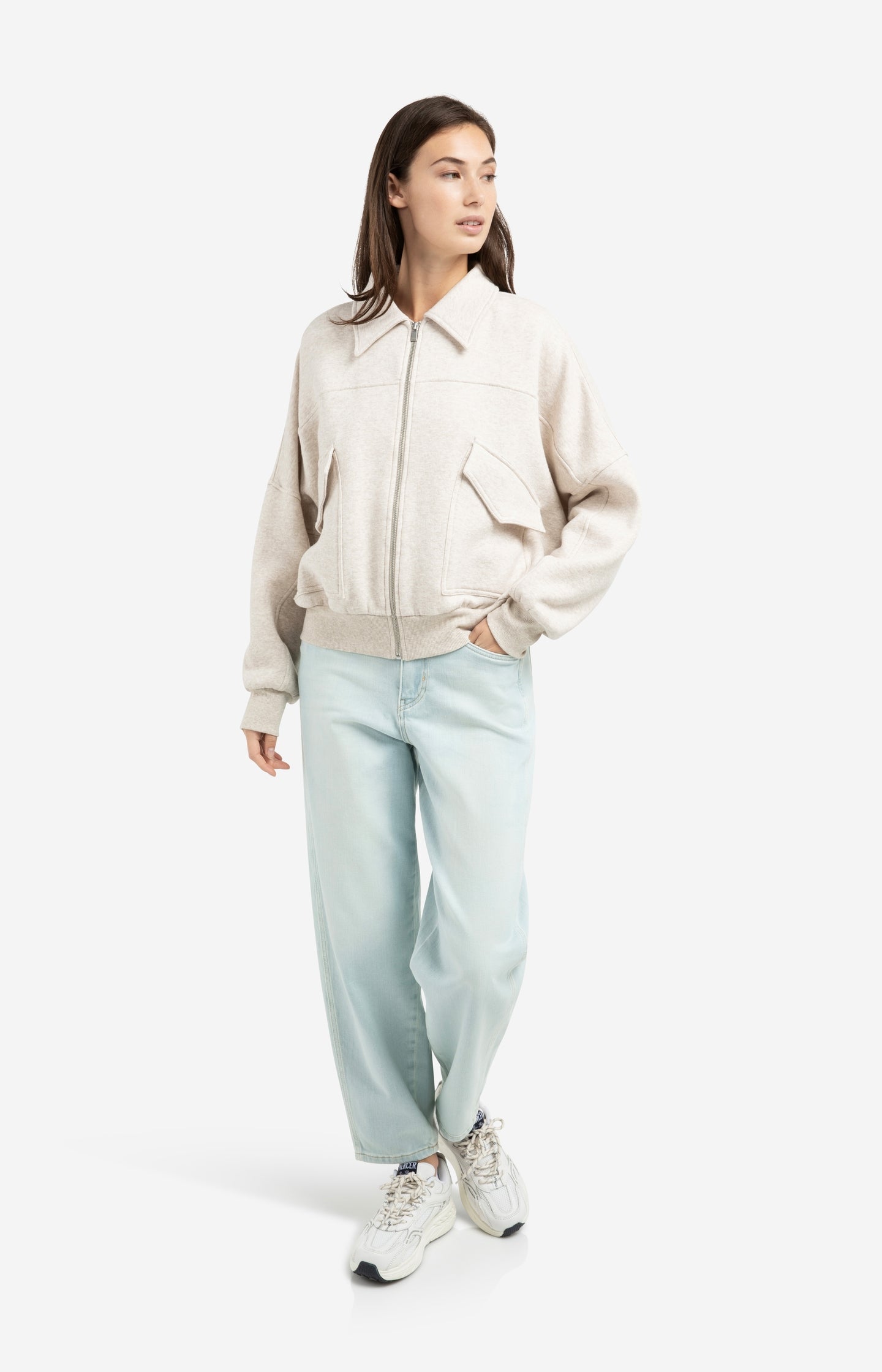 Sweat jacket with patch pockets and zip front closure