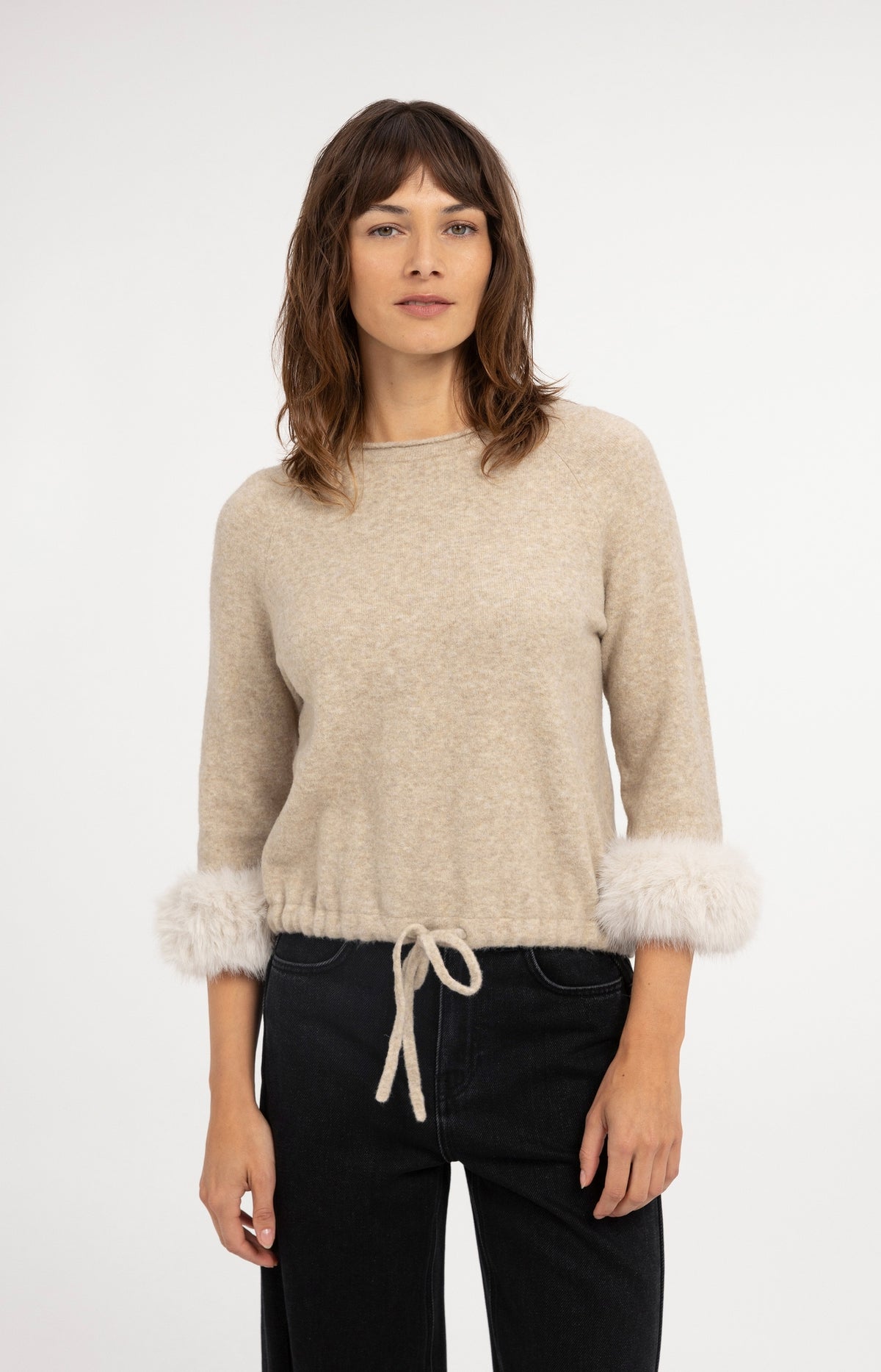 Sweater with detachable faux fur cuffs - Light Beige Melange