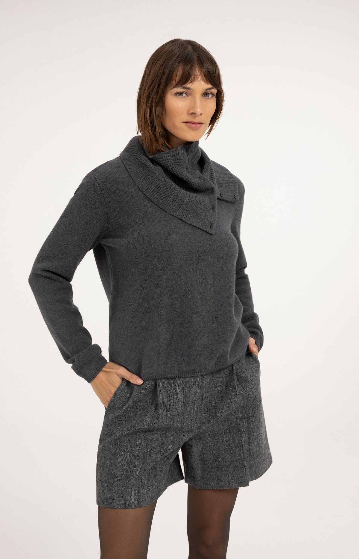 Sweater with detachable turtleneck collar - Dark Anthracite Melange