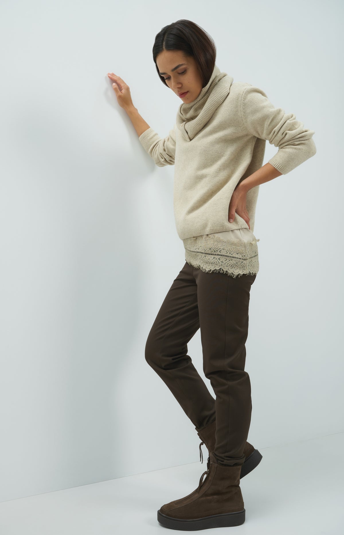 Sweater with detachable turtleneck collar - Light Beige Melange