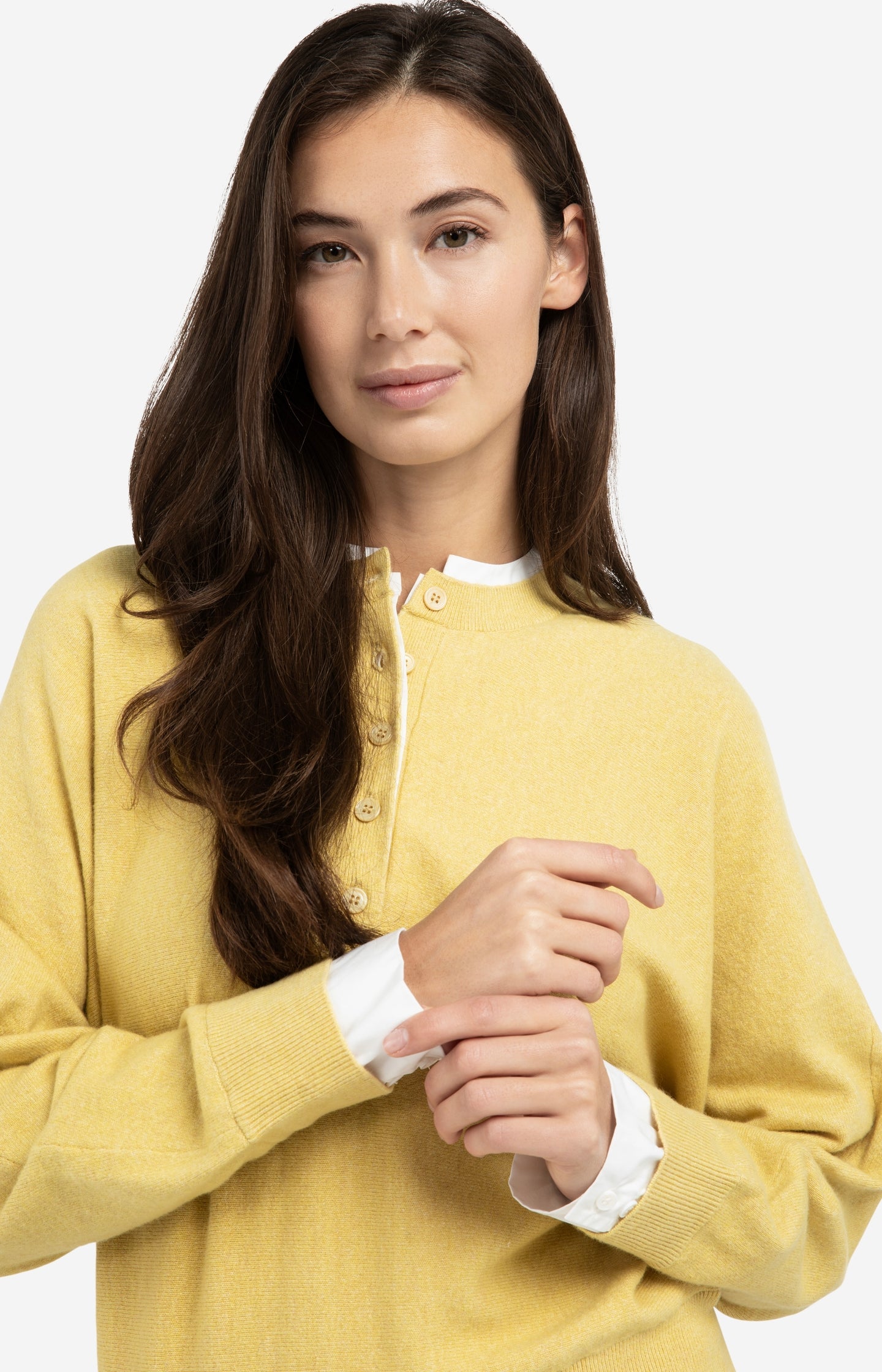 Sweater with inserted blouse collar and button detail - Type: lookbook