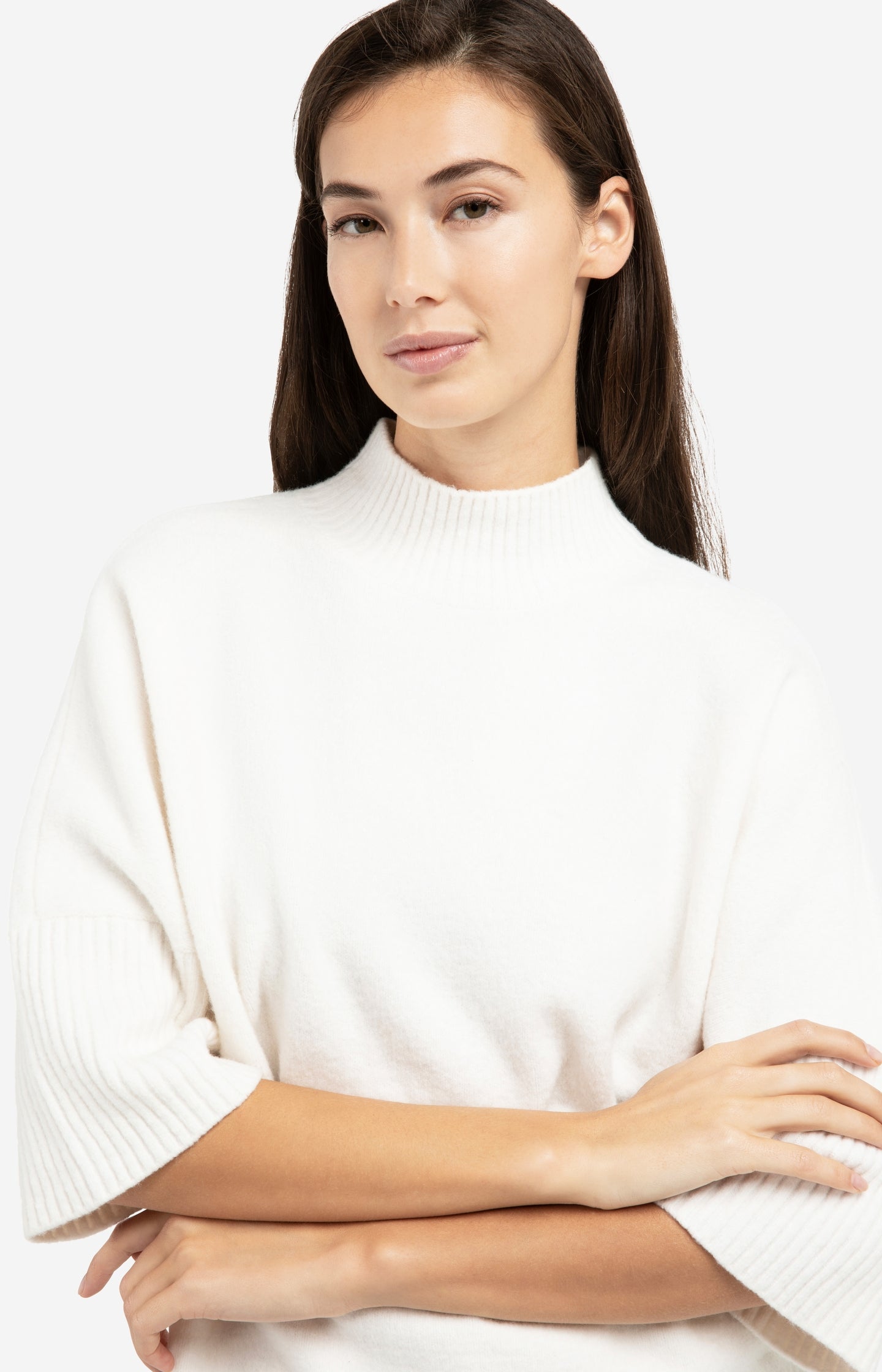Sweater with ribbed three-quarter sleeves and mock neck