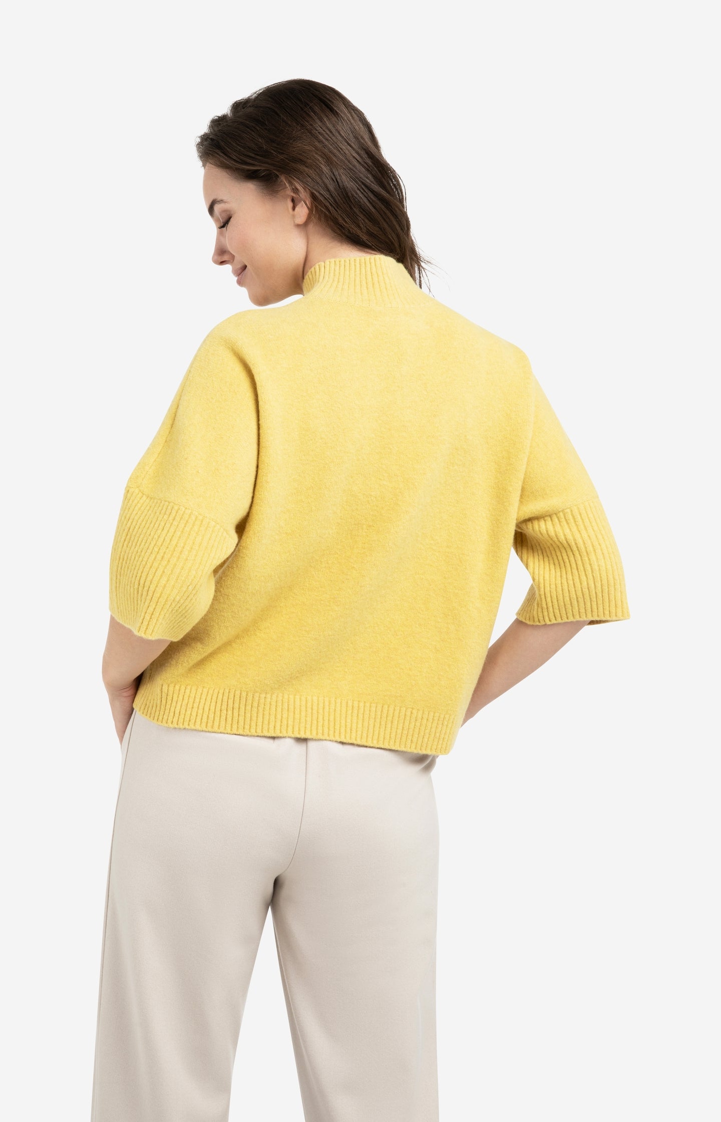 Sweater with ribbed three-quarter sleeves and mock neck