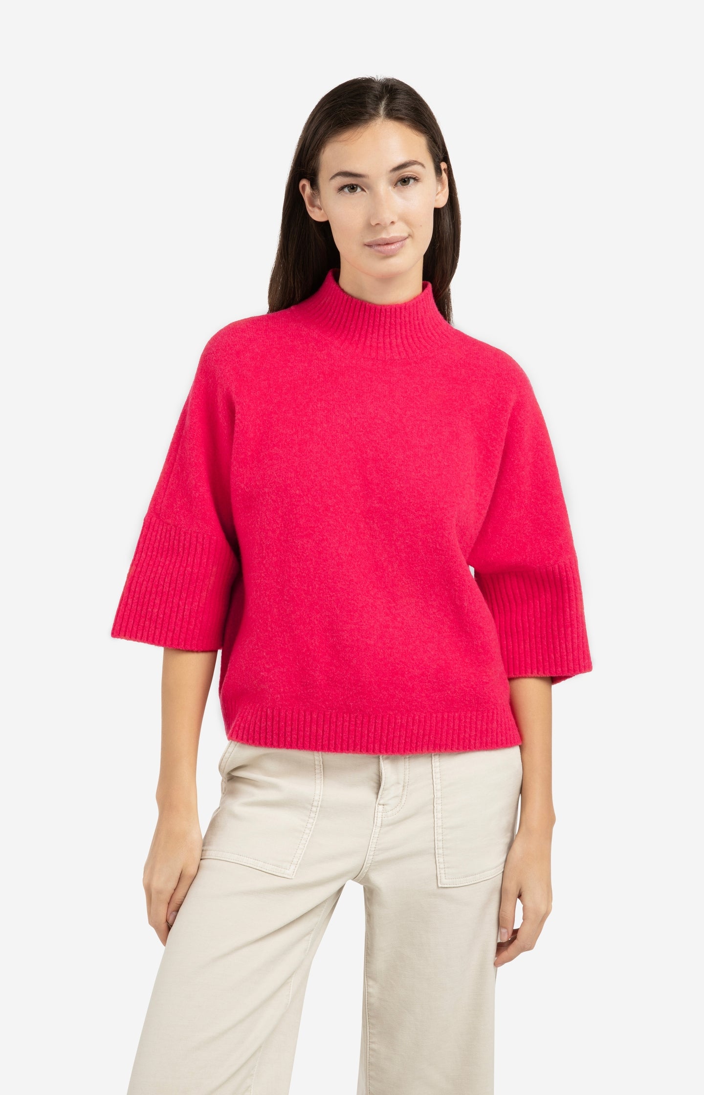 Sweater with ribbed three-quarter sleeves and mock neck