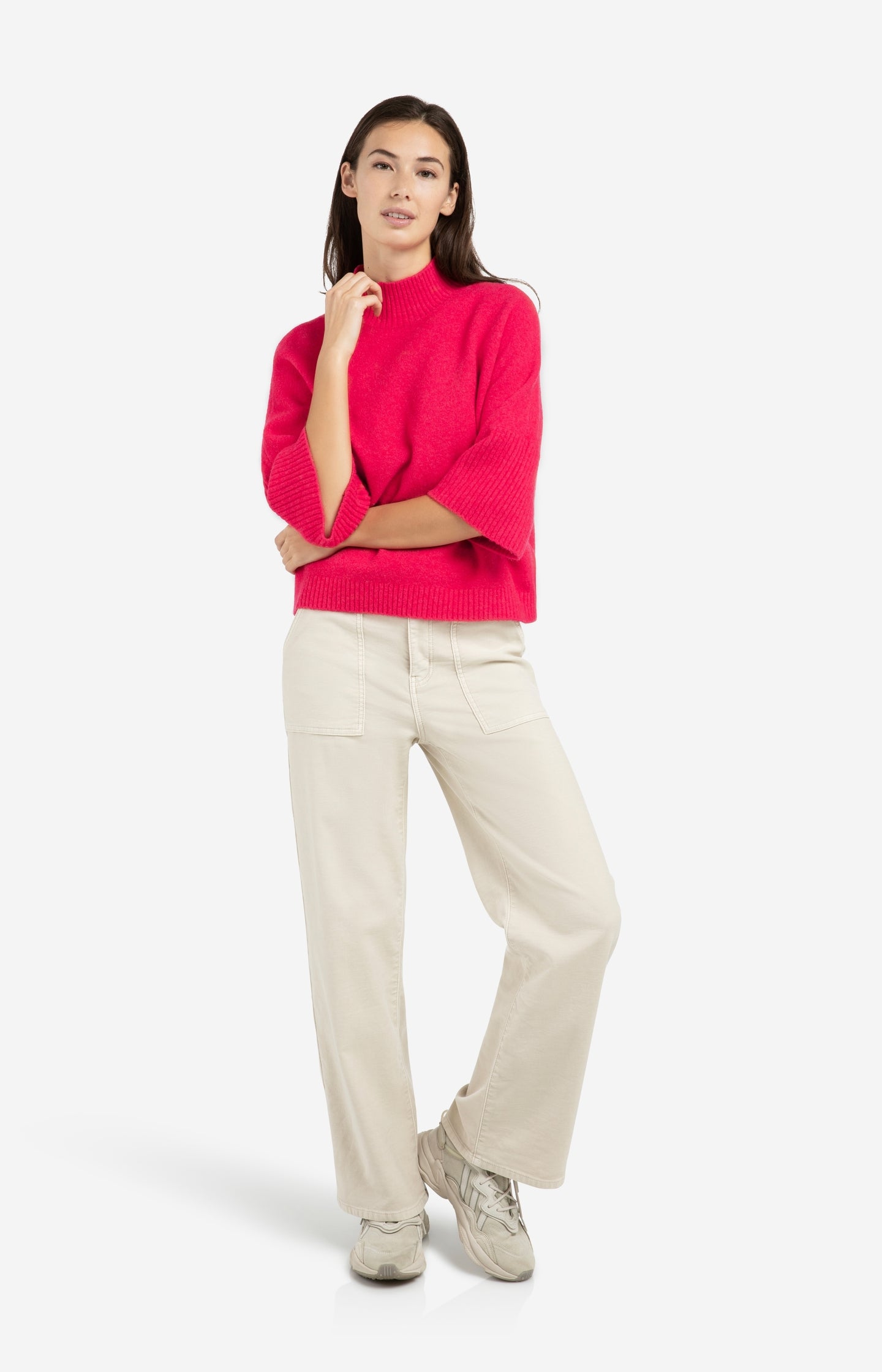 Sweater with ribbed three-quarter sleeves and mock neck