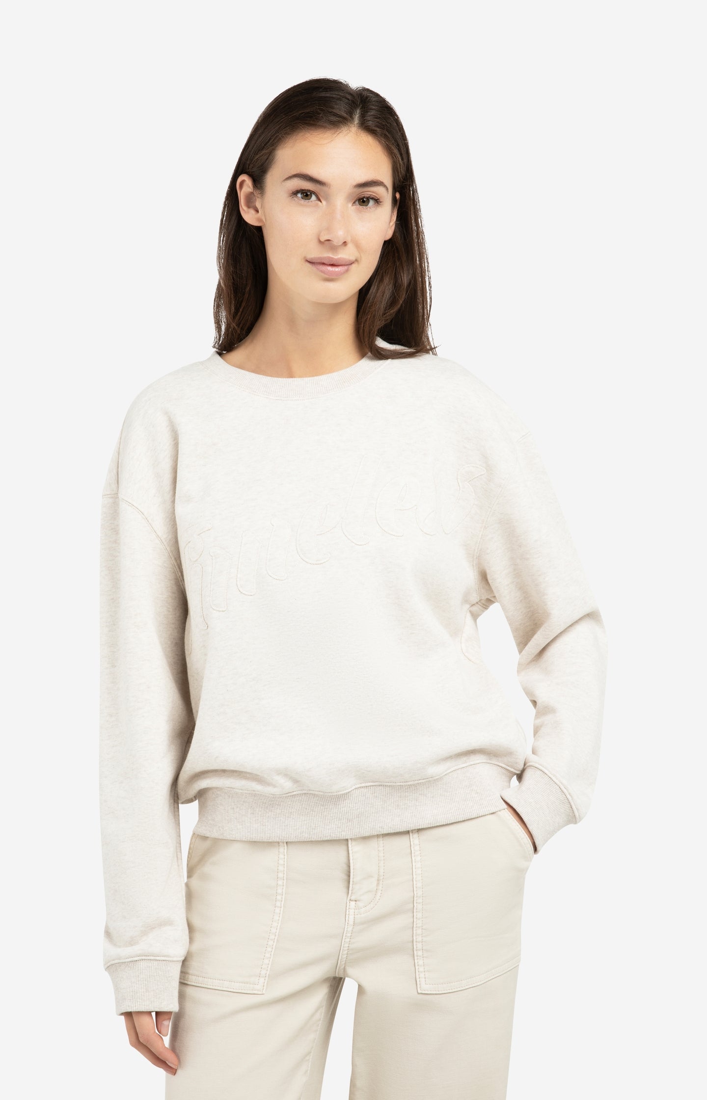 Sweater with stitched-on text and round neckline