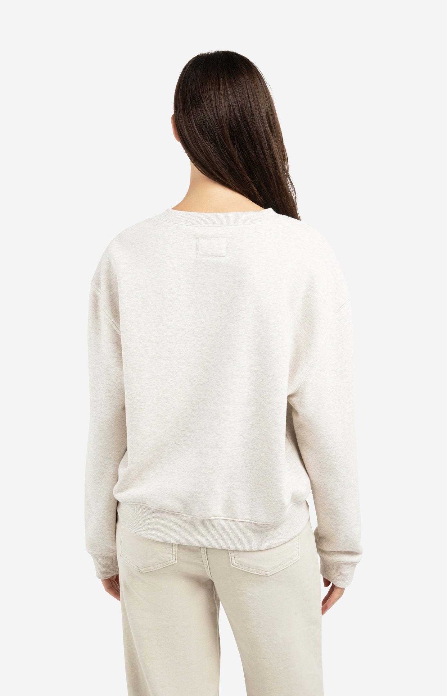 Sweater with stitched-on text and round neckline