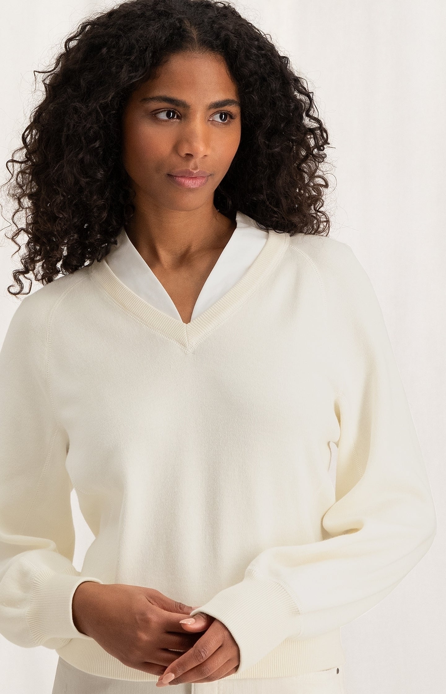 Sweater with V-neck, long balloon sleeves and woven details