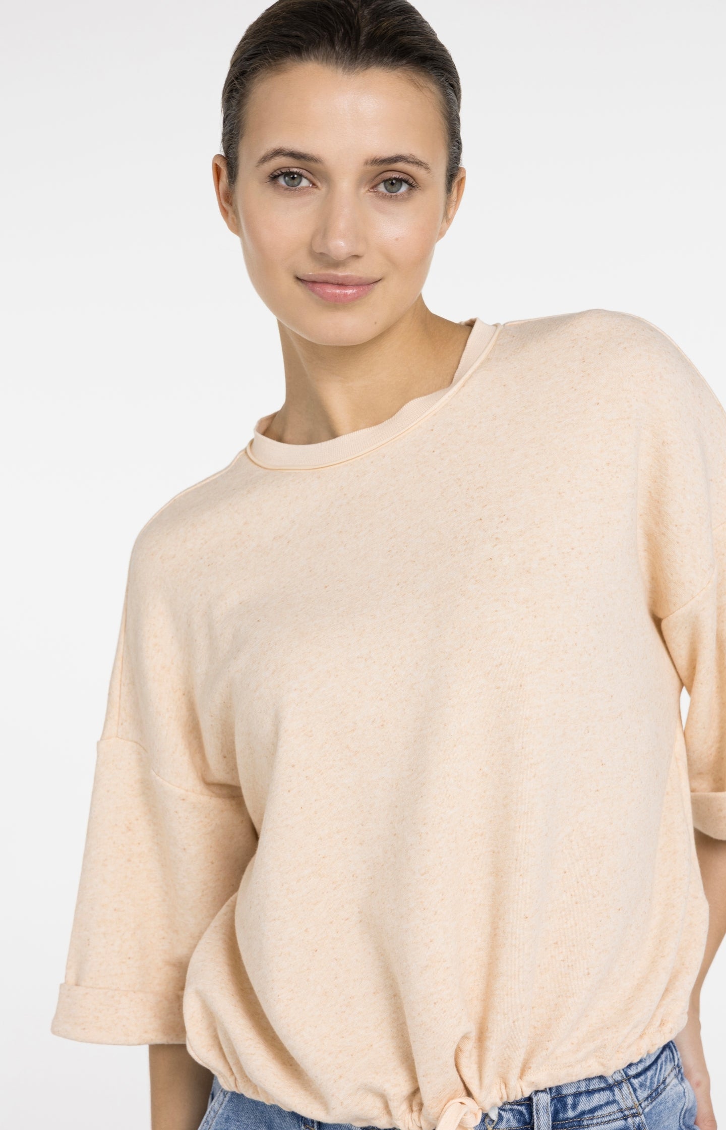 Sweatshirt with rolled cuffs and drawcord