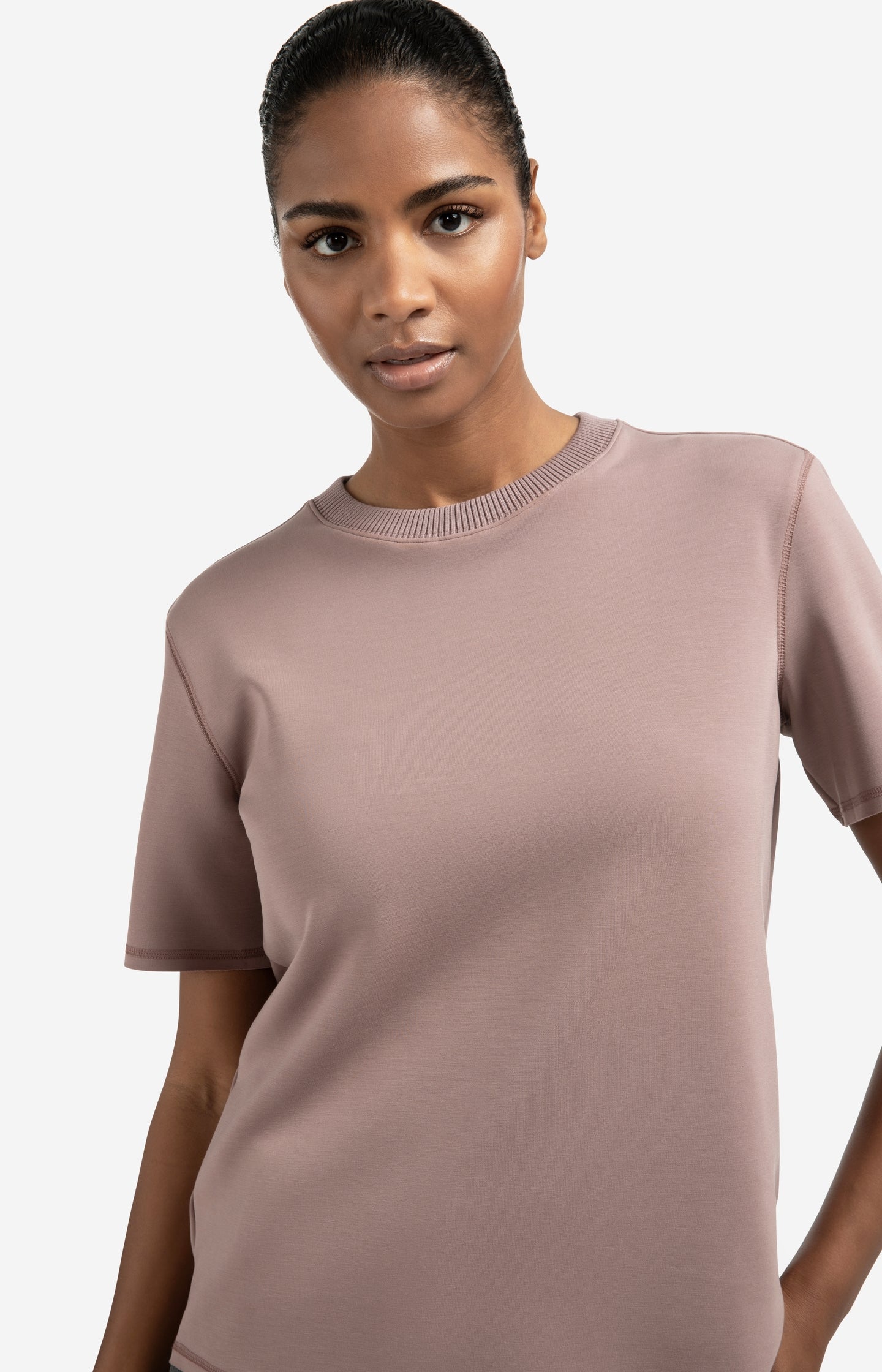 T-shirt with knitted ribbed neckline - Type: lookbook