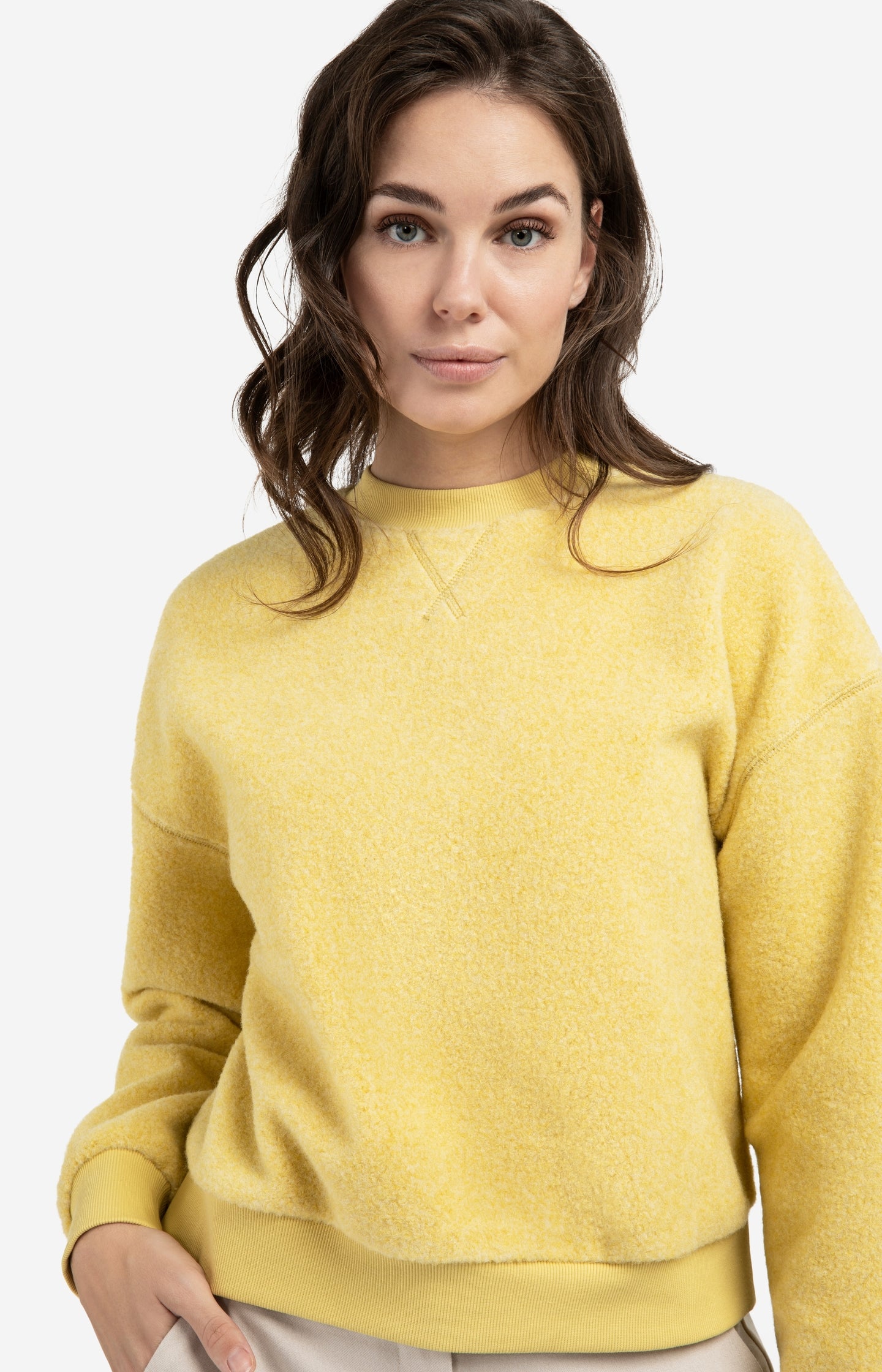 Teddy sweater with ribbed trims and round neckline