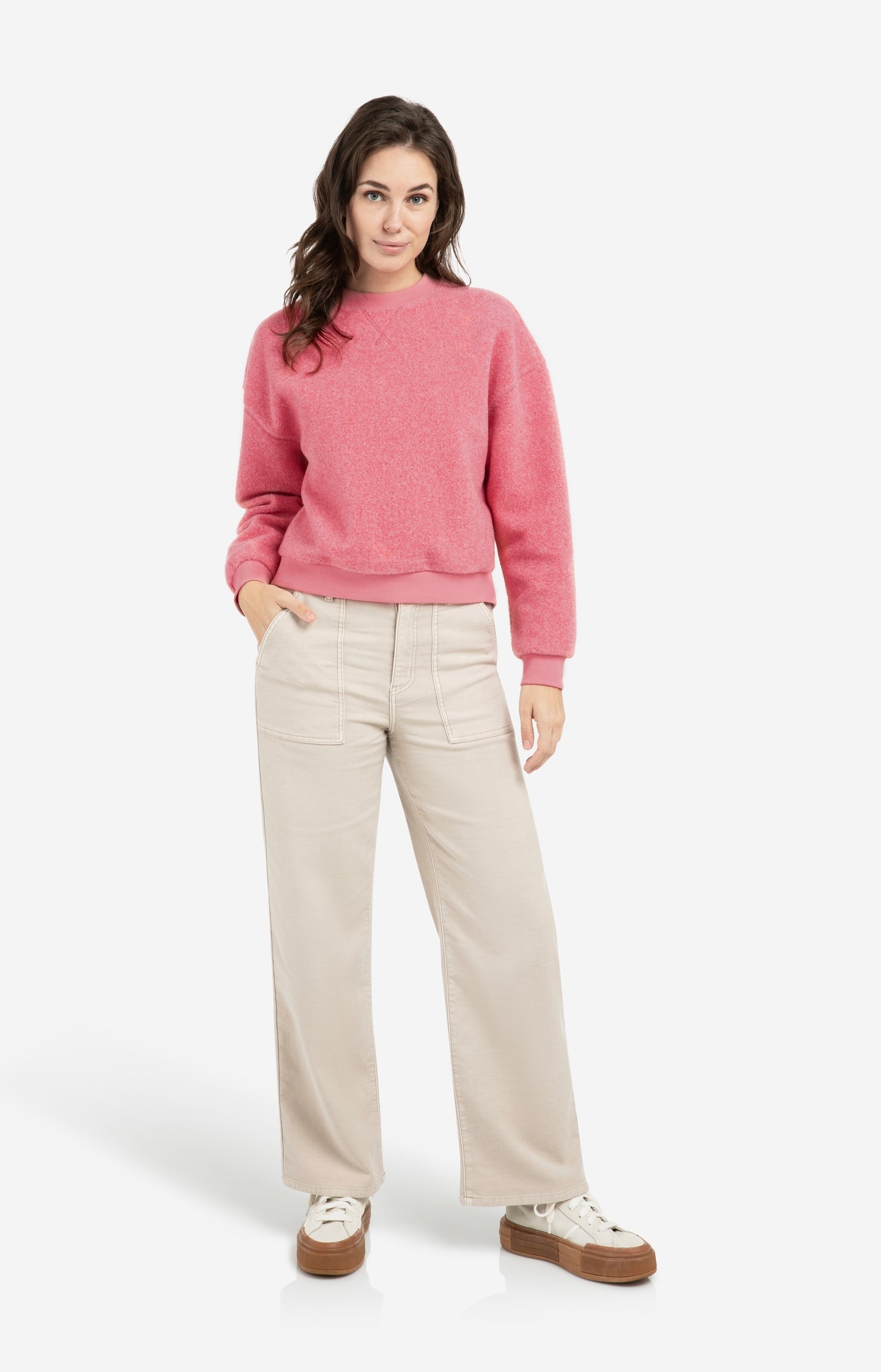 Teddy sweater with ribbed trims and round neckline