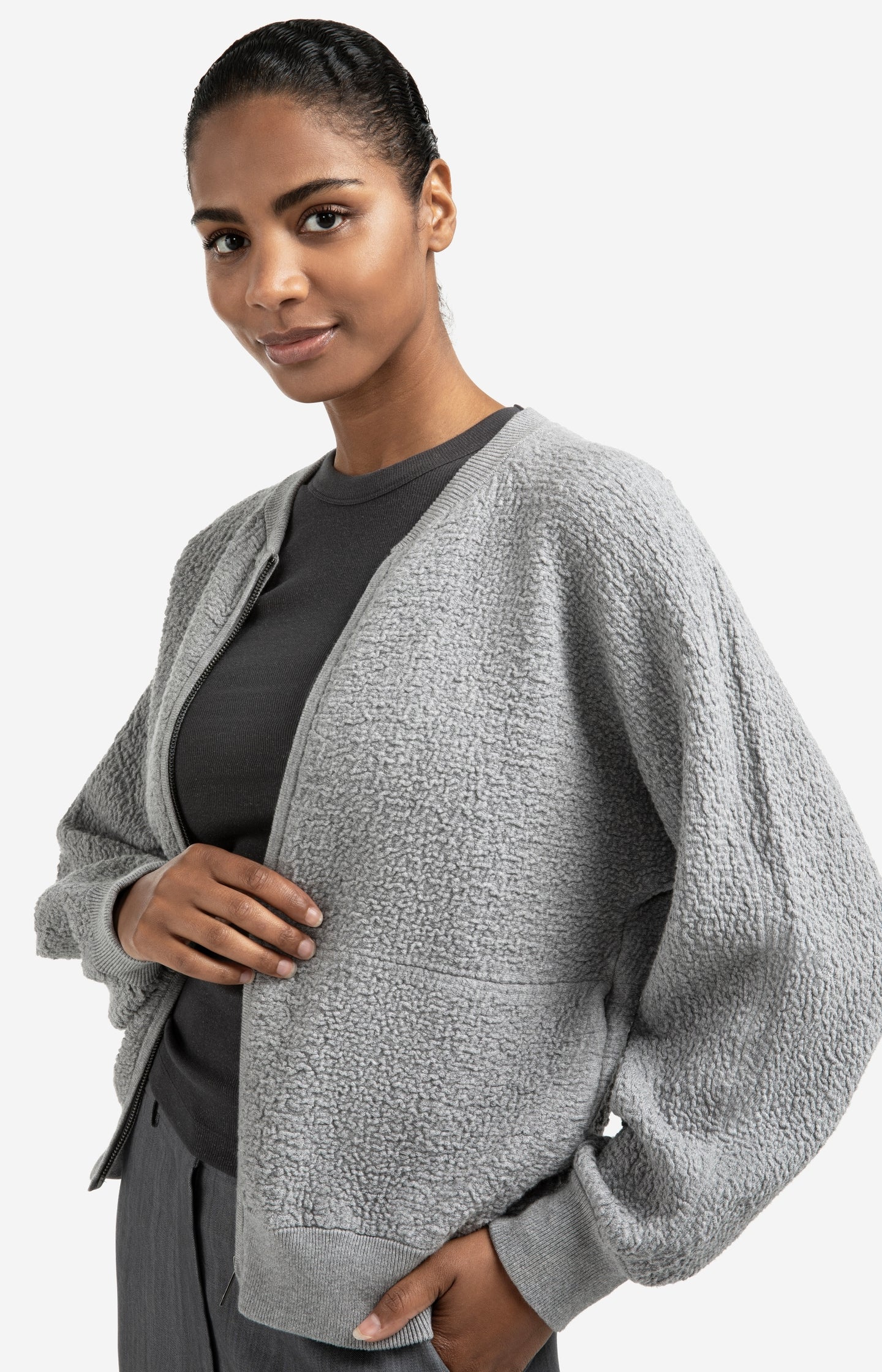 Textured knitted bomber with long sleeves