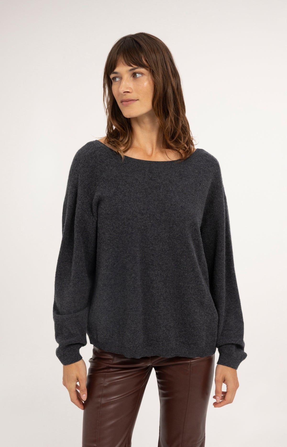 Textured sweater with deep V-neck at back - Dark Anthracite Melange