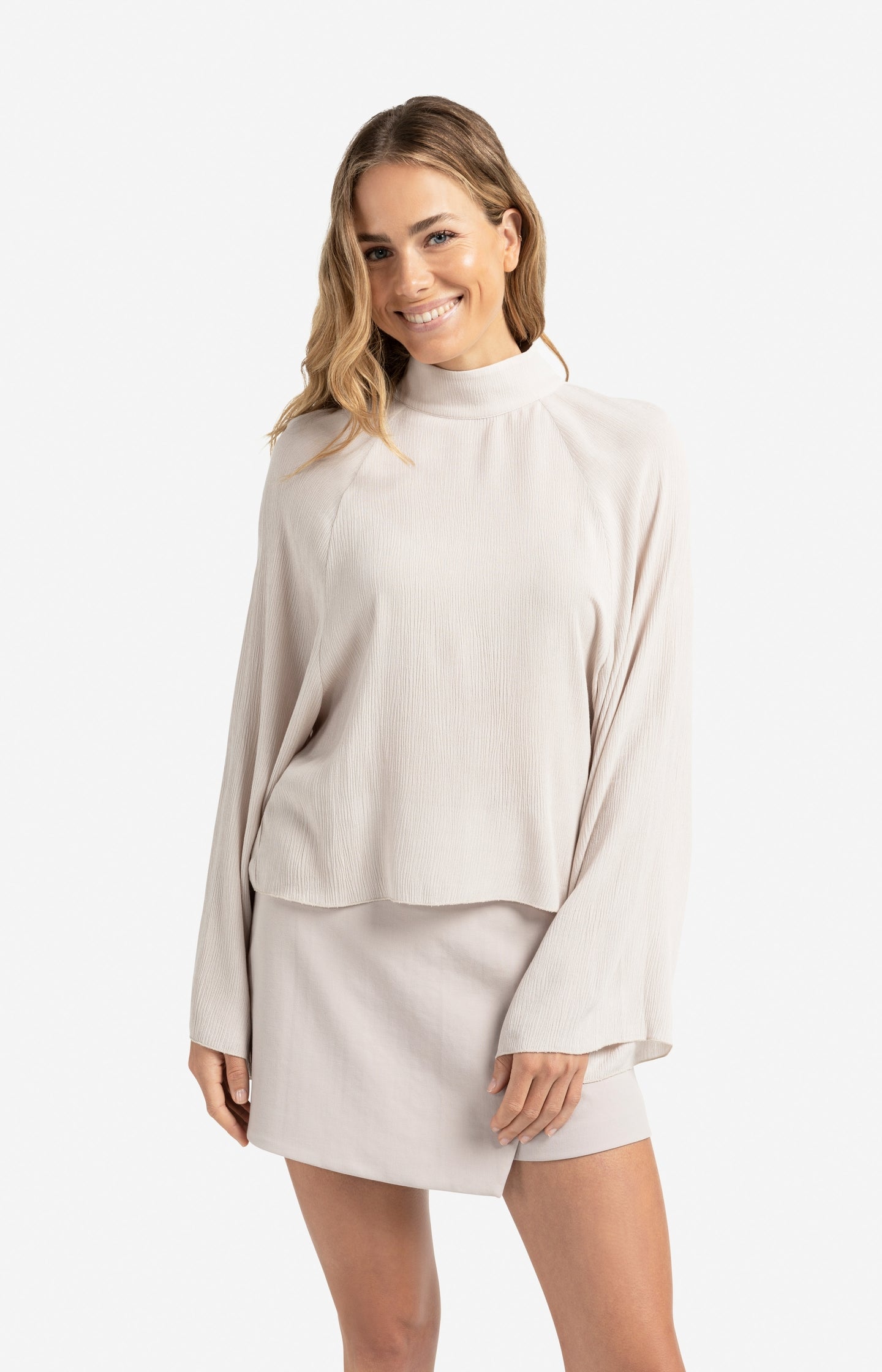 Textured top with high neck and raglan sleeves - Type: lookbook