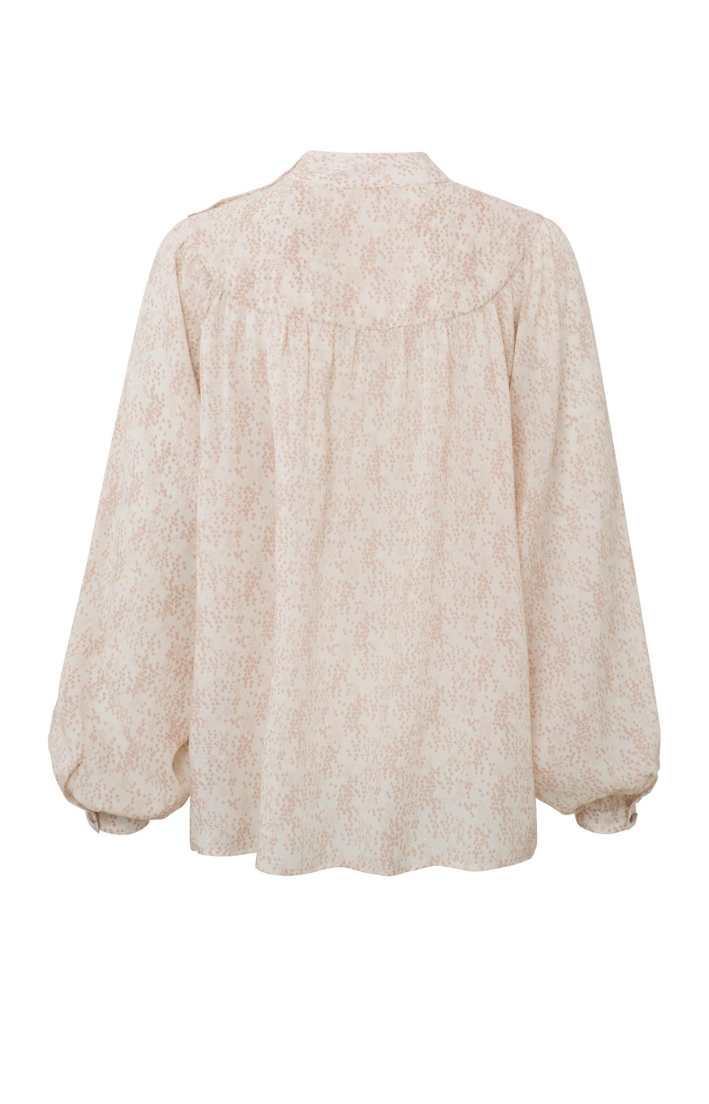 Top with high neck, long balloon sleeves, buttons and print