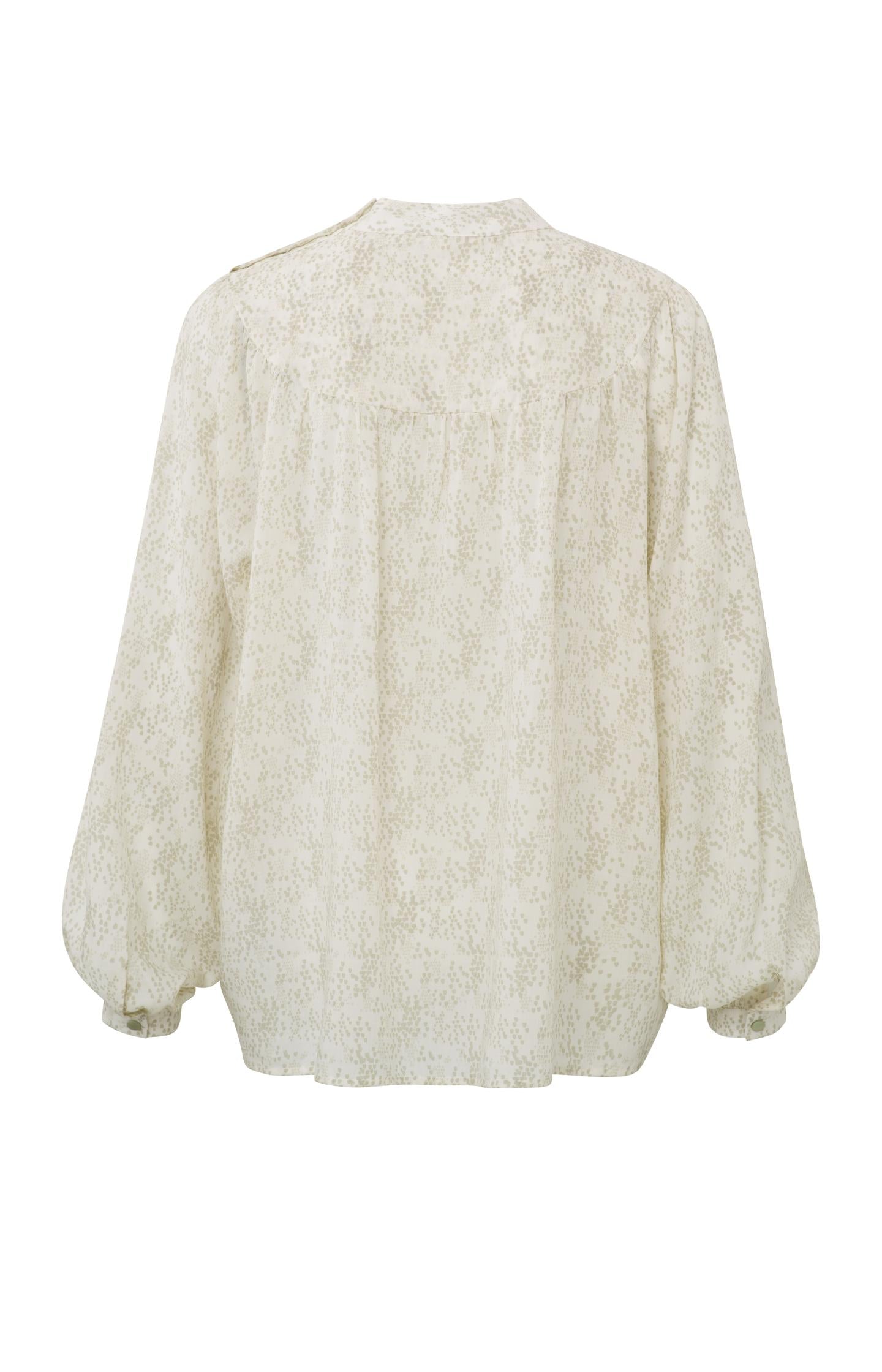 Top with high neck, long balloon sleeves, buttons and print