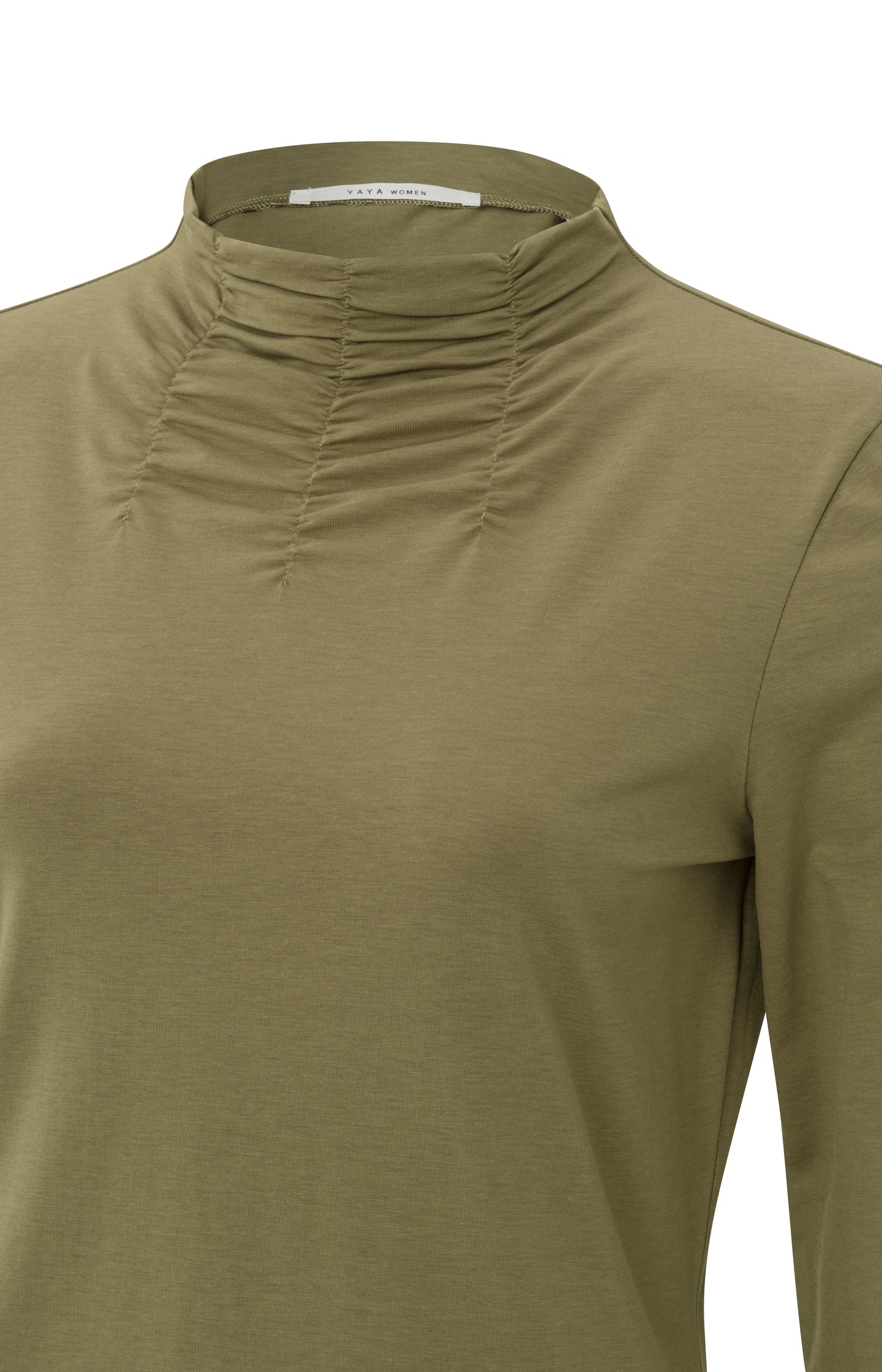 Top with high neck, long sleeves and gathered details