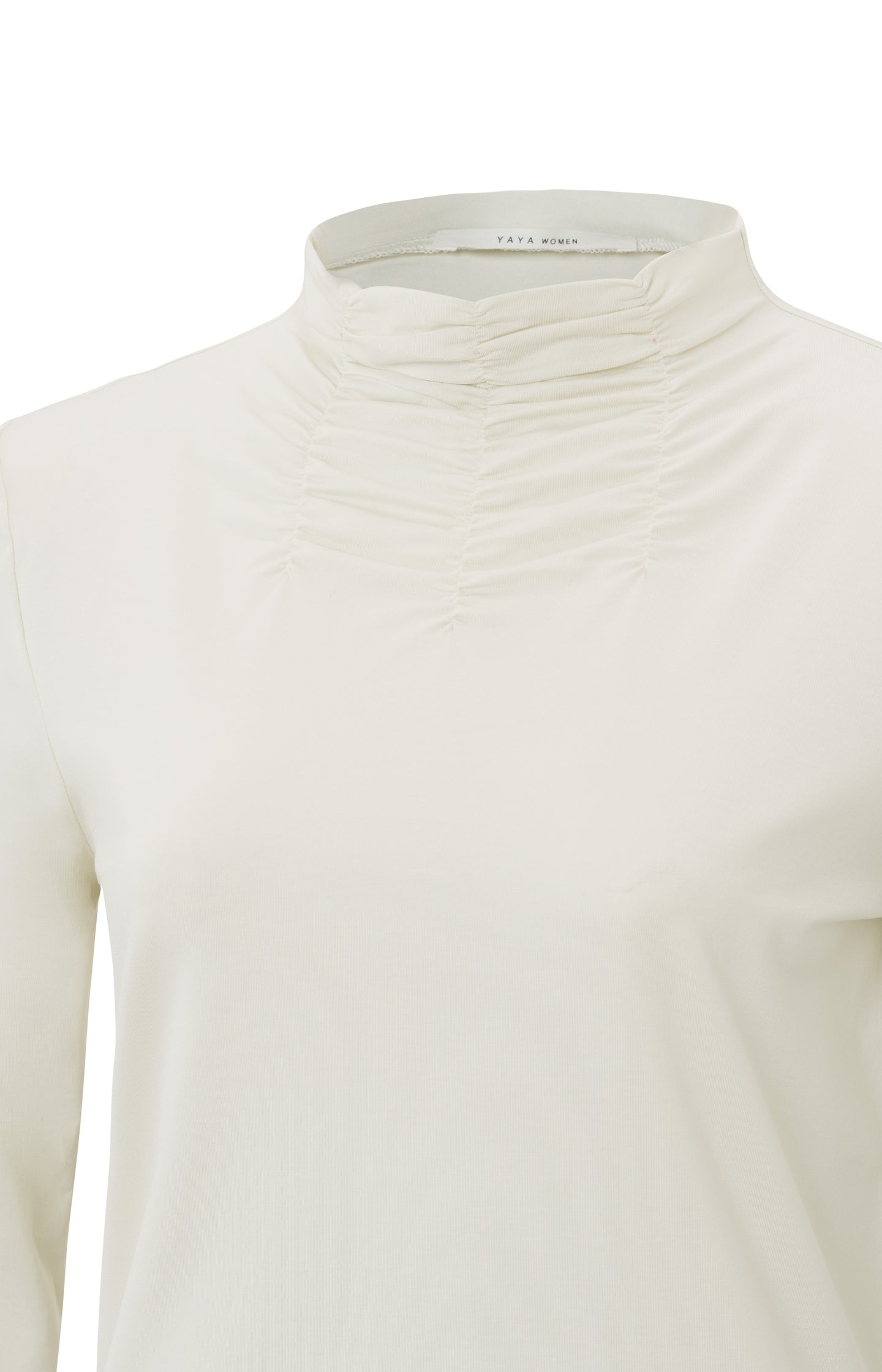 Top with high neck, long sleeves and gathered details