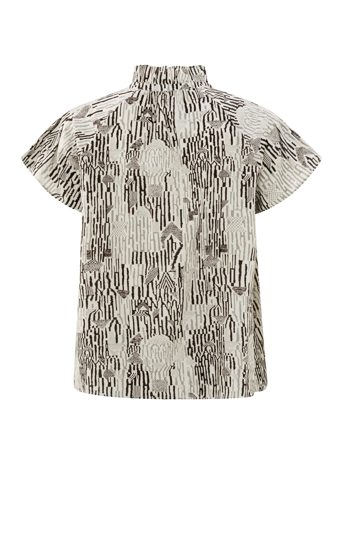 Top with high ruffled neck, short sleeves and print - Moonstruck Grey Dessin