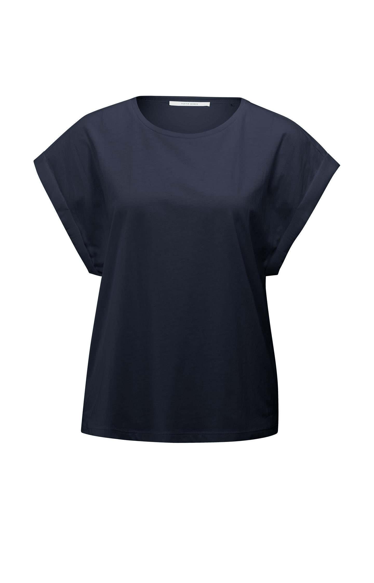Total Eclipse Blue top met ronde hals en korte mouwen met brede geweven manchet - YAYA