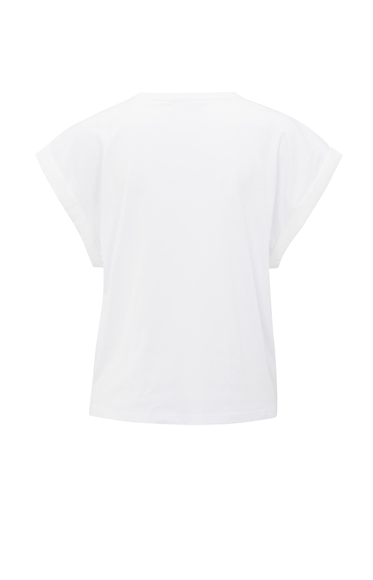 Pure White top met ronde hals en korte mouwen met brede geweven cuffs - YAYA