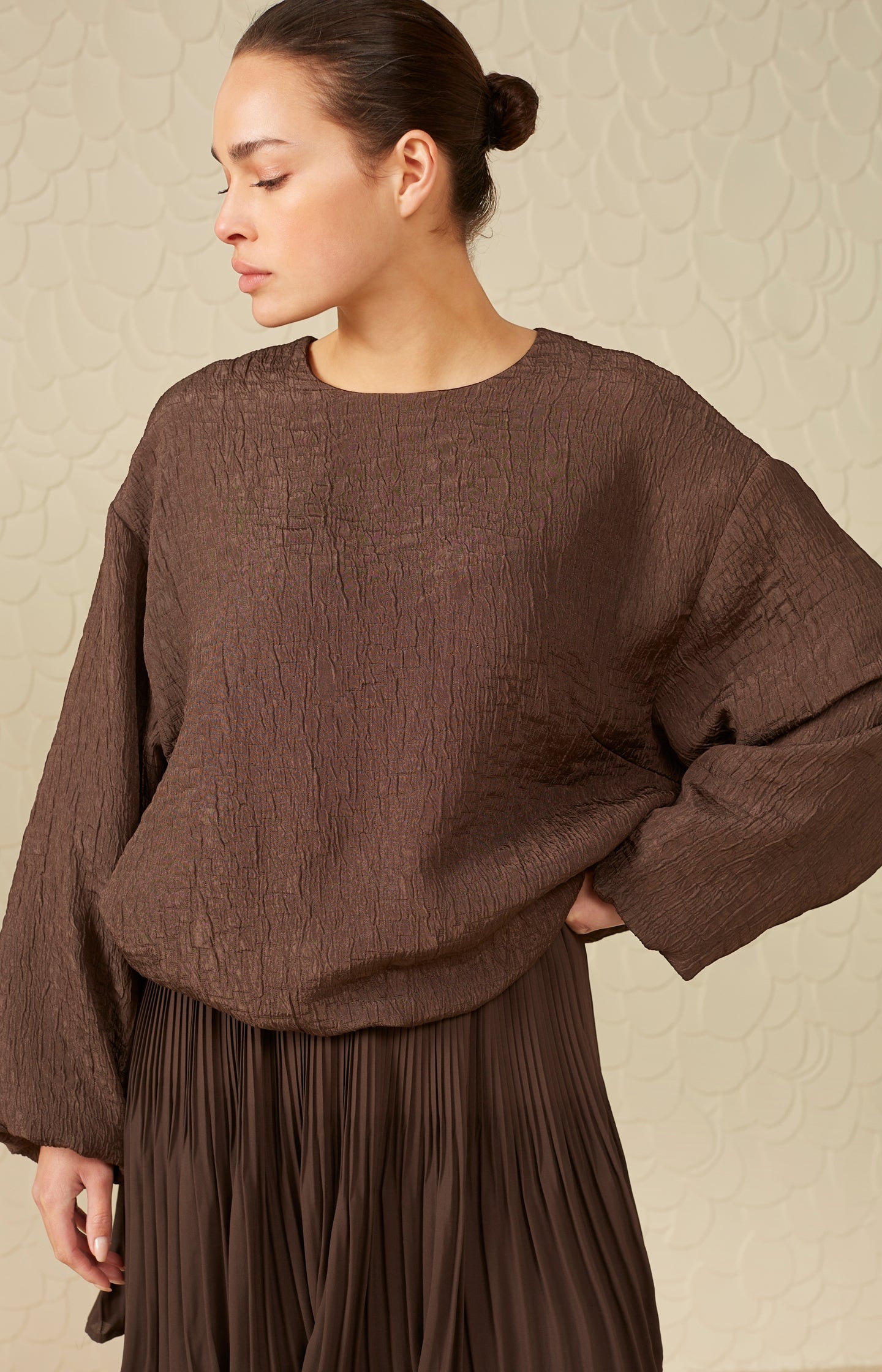 Top with round neck, long balloon sleeves in wide fit