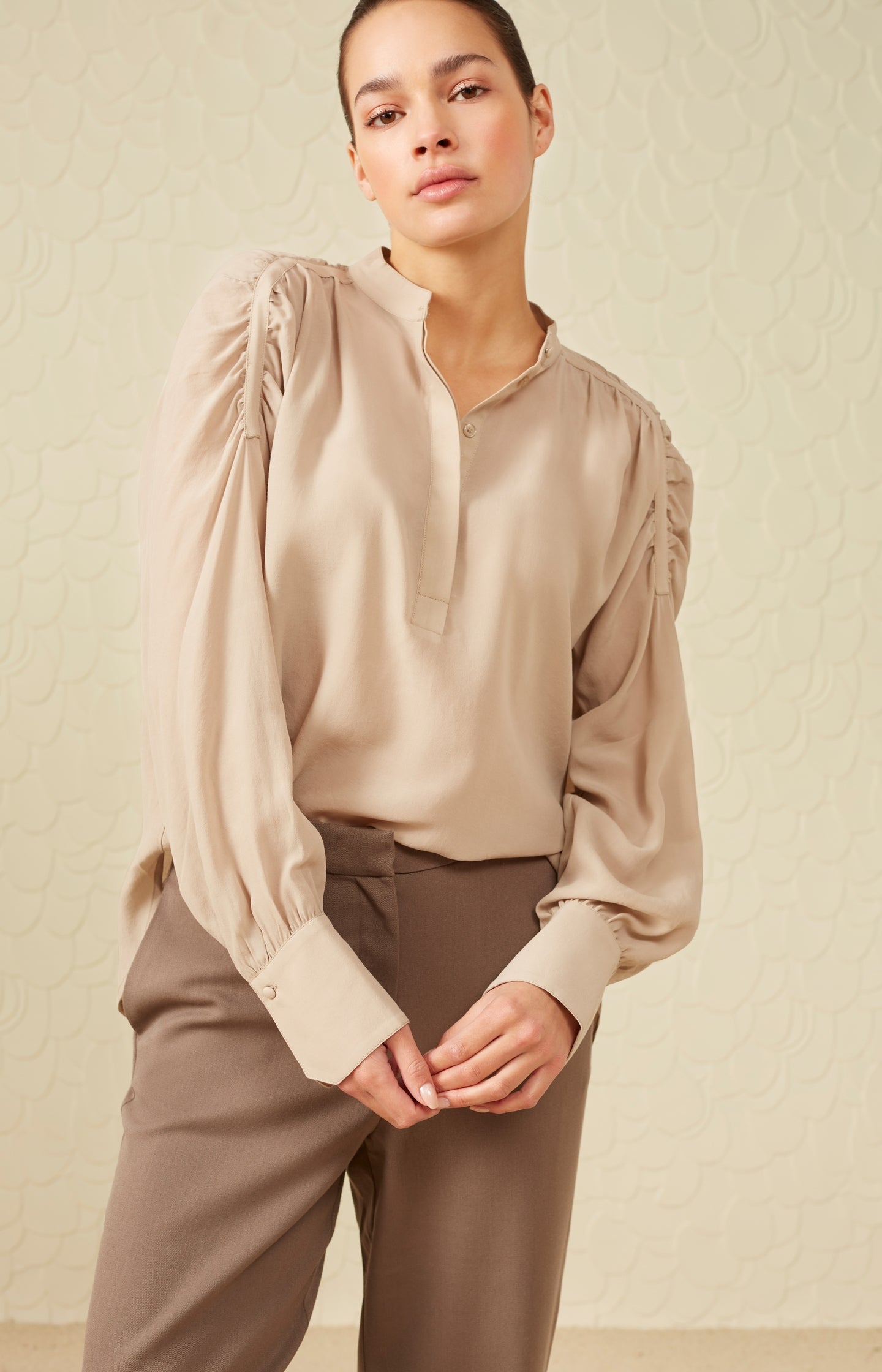 Top with round neck, long puff sleeves and gathered shoulder