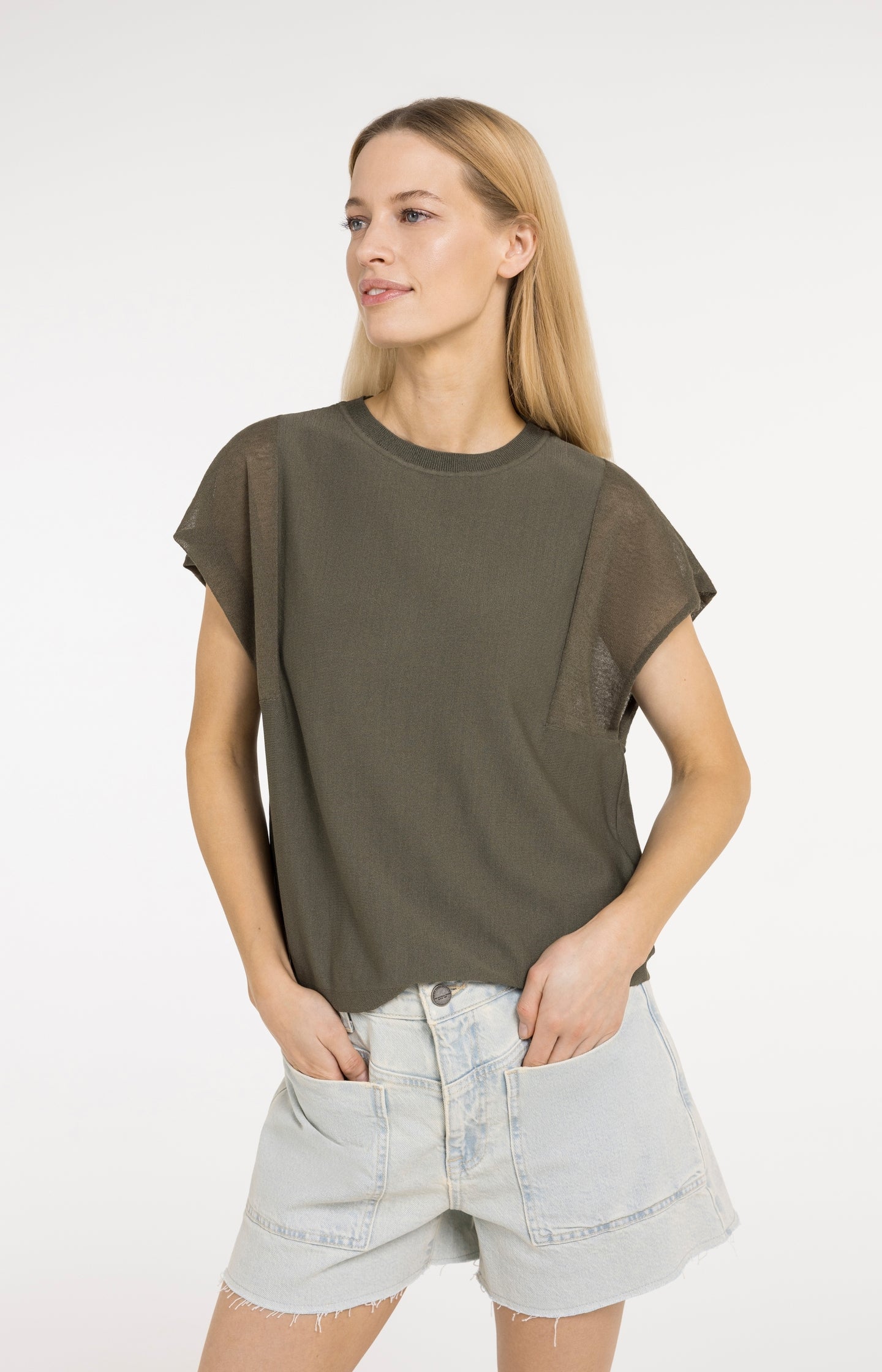 Top with sheer short sleeves and crew neck