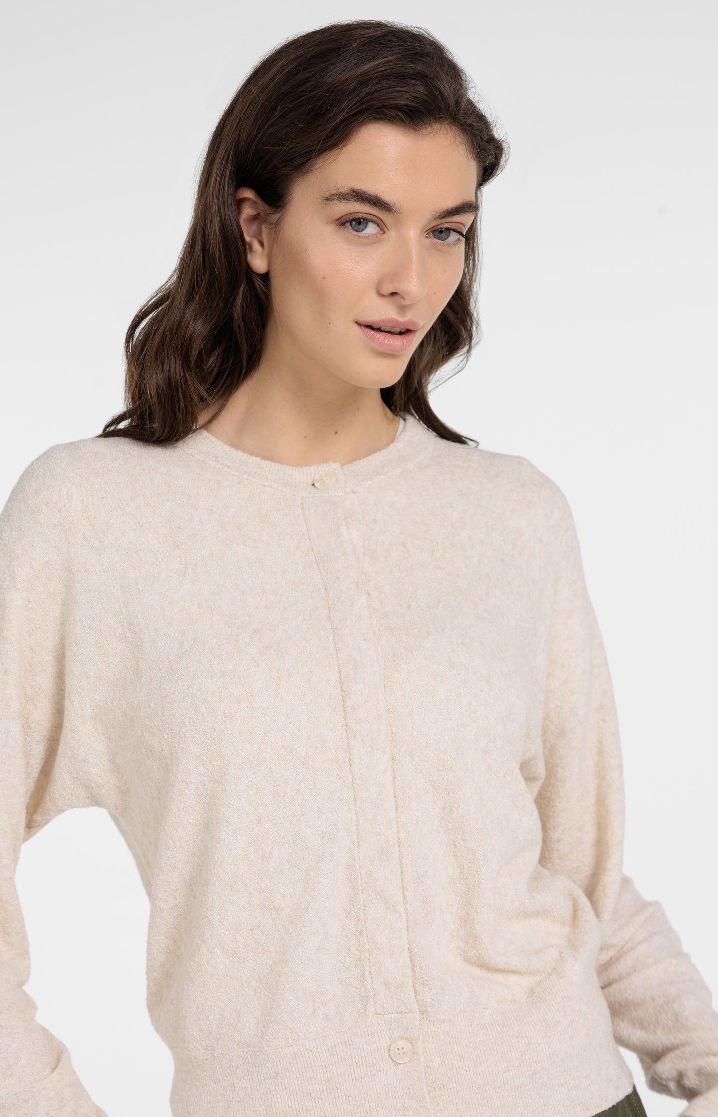 Towel-textured knit cardigan with long sleeves