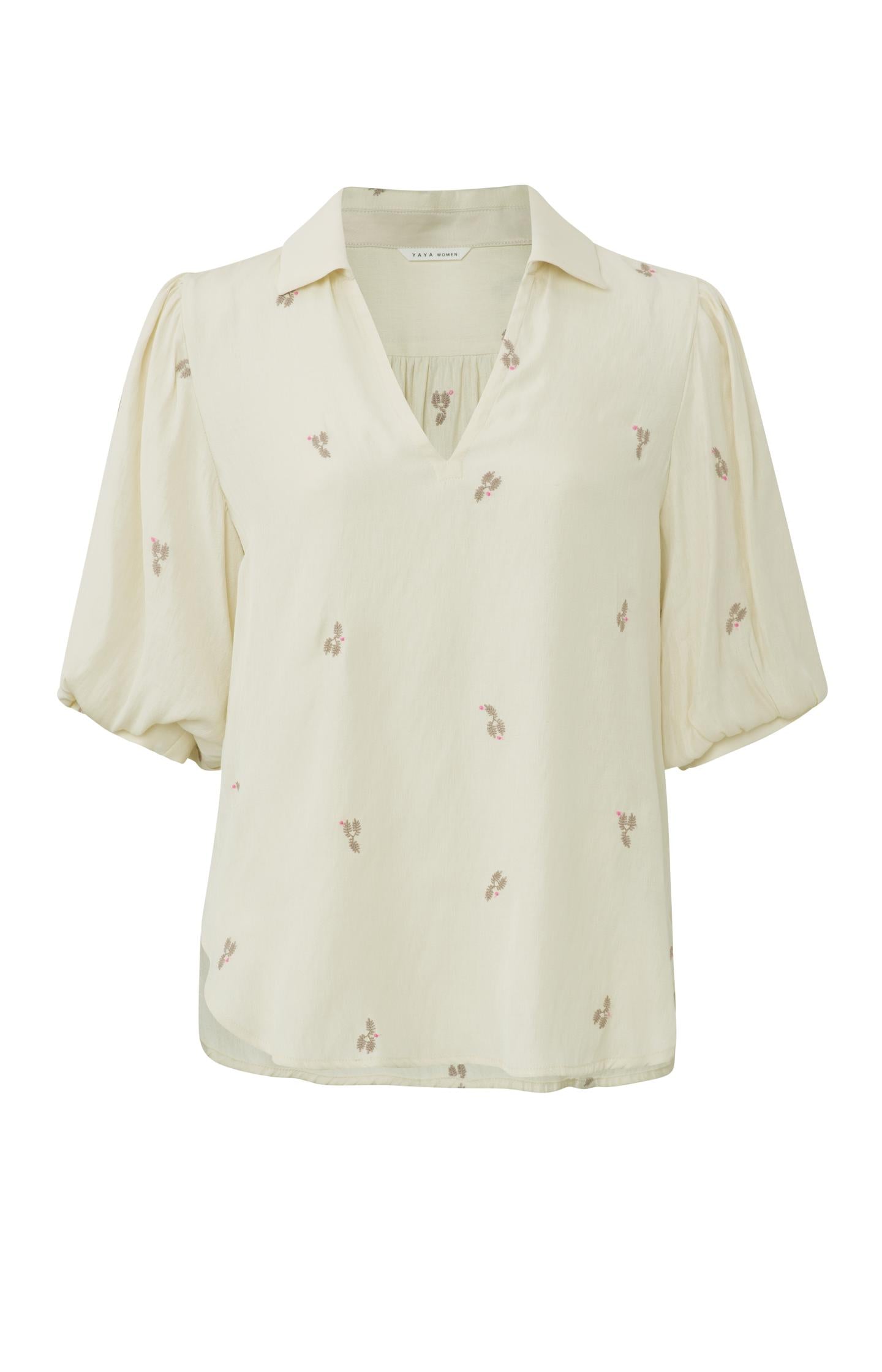 Tunic top with V-neck, short puff sleeves and subtle print - Type: product