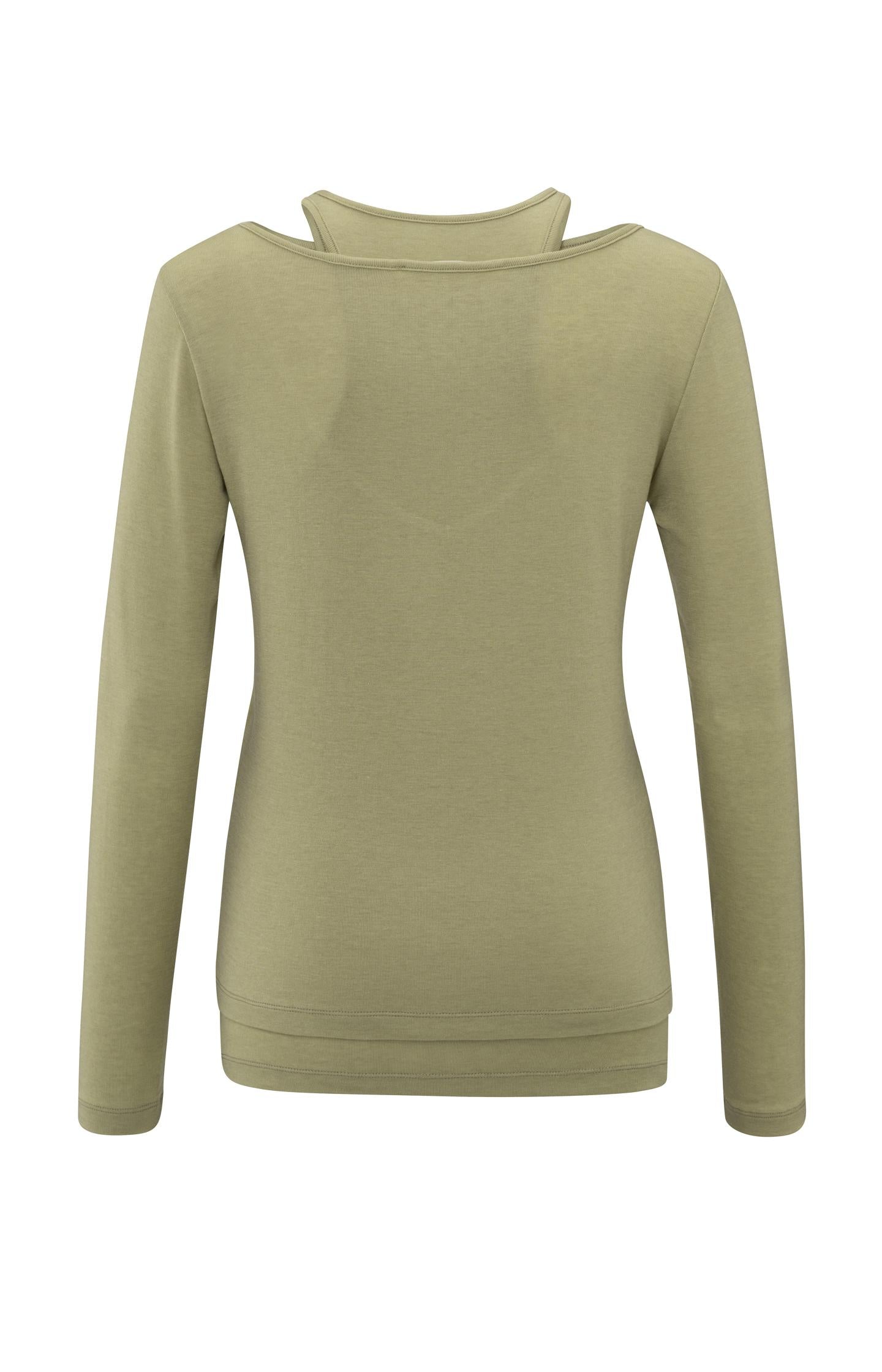 Zachte groene two-in-one top met lange mouwen en een diepe ronde hals - YAYA