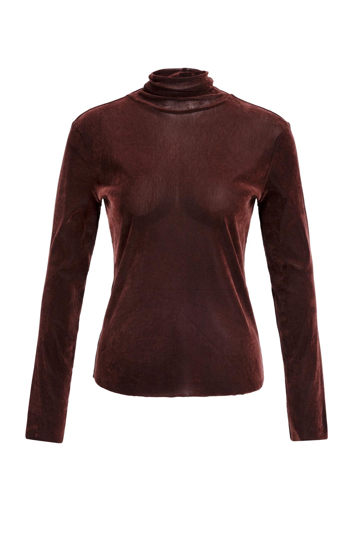 Velvet mesh top with high neck and long sleeves - Brown