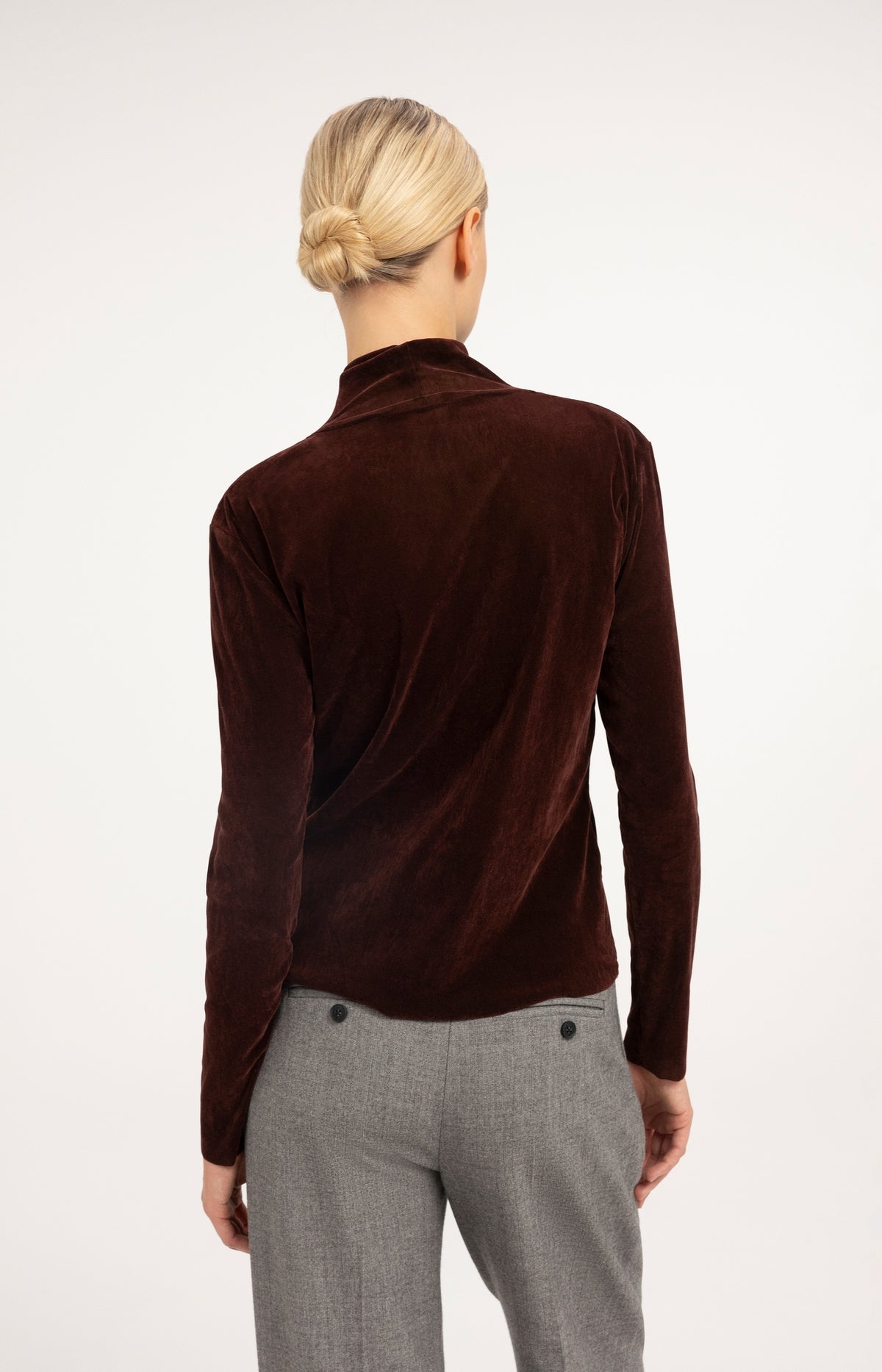 Velvet mesh top with high neck and long sleeves - Bitter Chocolate Red