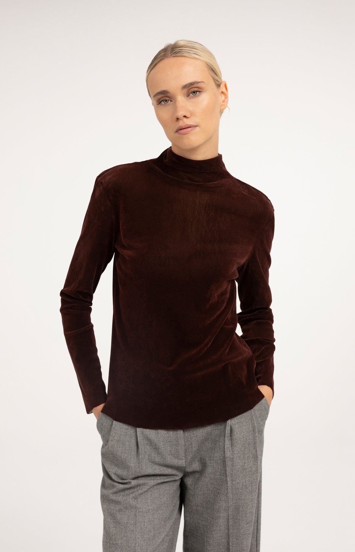 Velvet mesh top with high neck and long sleeves - Bitter Chocolate Red