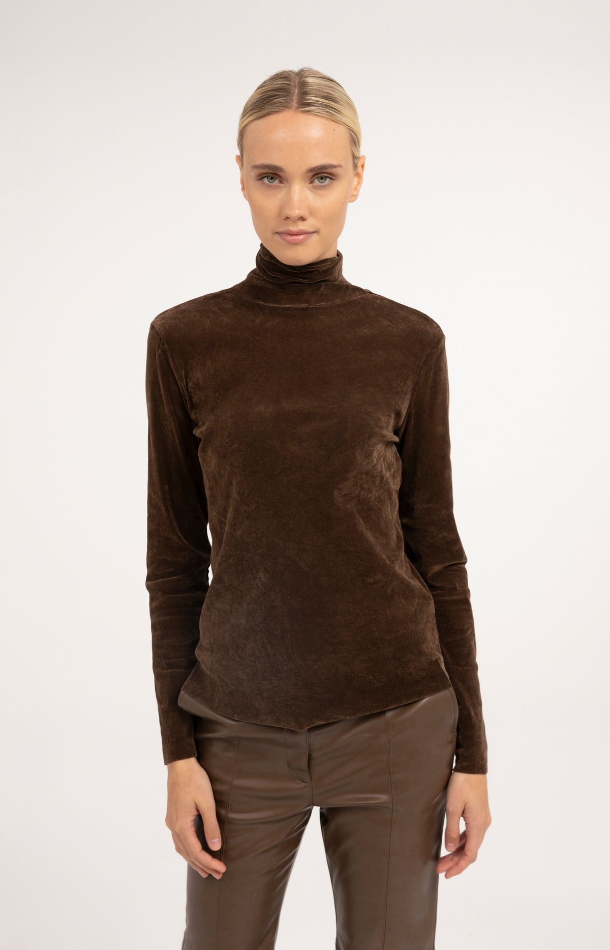 Velvet mesh top with high neck and long sleeves - Cocoa Brown
