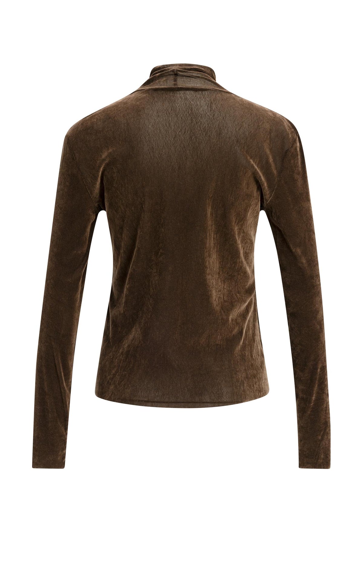 Samtenes Mesh-Oberteil mit hohem Kragen und langen Ärmeln - Cocoa Brown