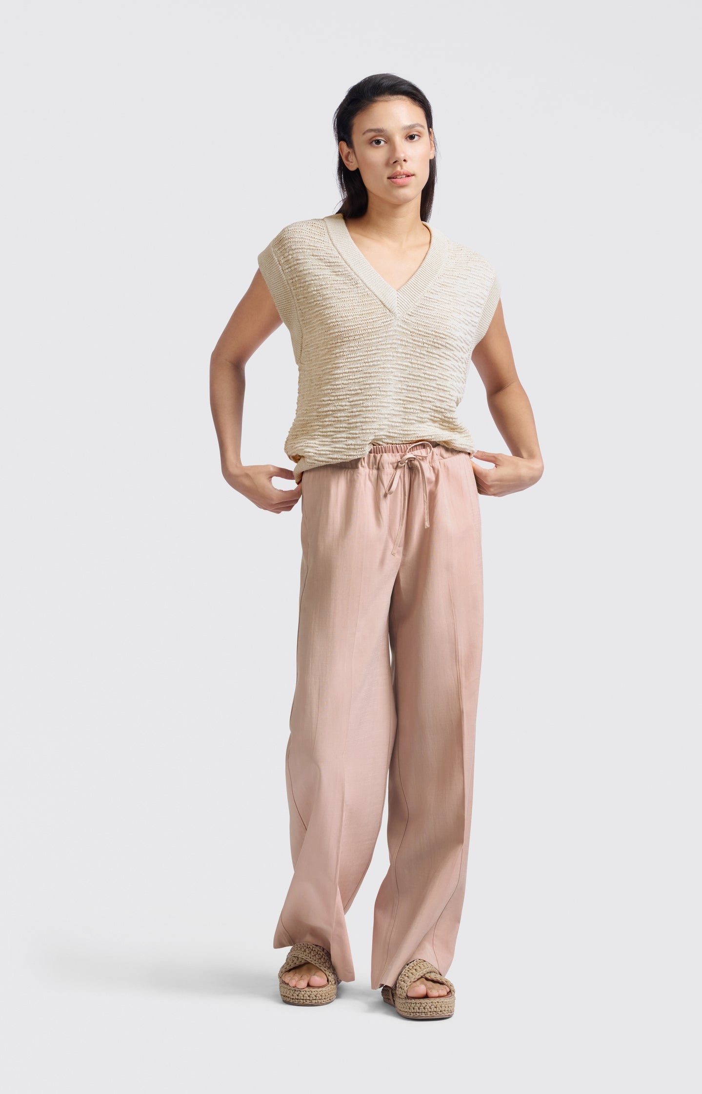 Wide-leg trousers with satin contrast waistband
